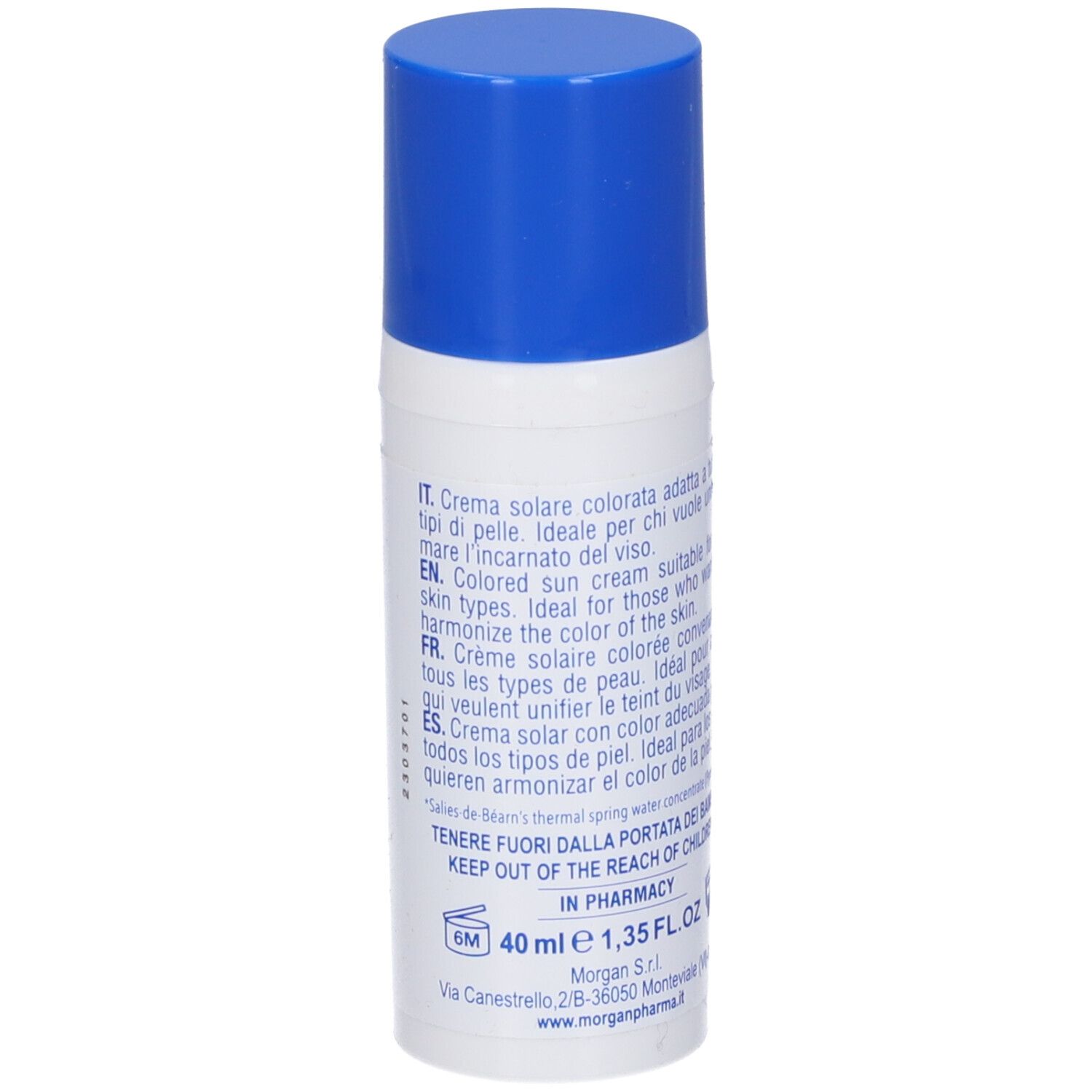 Retro del tubo. Testo multilingue. Scritta: 40 ml, 1.35 FL.OZ.