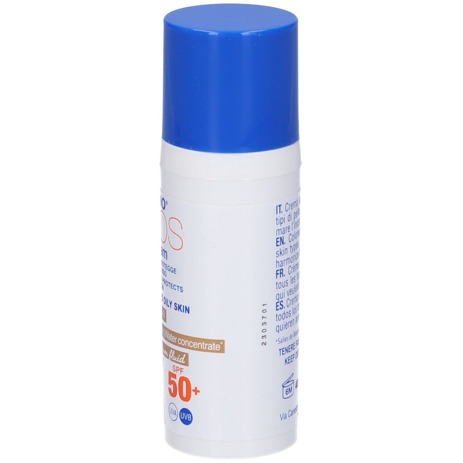 Tubo bianco con tappo blu. Scritta: Immuno Elios CC cream, SPF 50+. Fluido medio colorato.