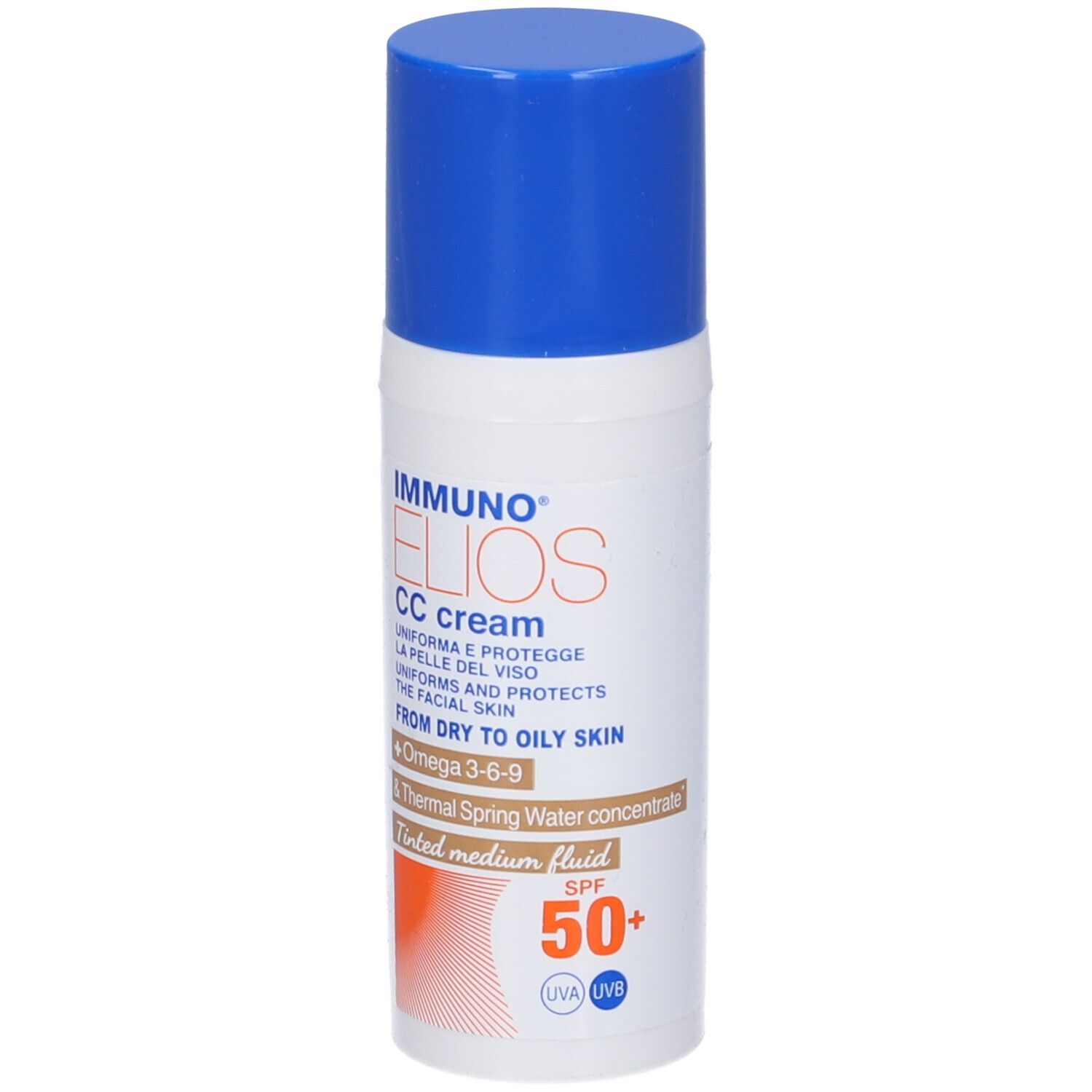 Tubo bianco con tappo blu. Scritta: Immuno Elios CC cream, SPF 50+. Fluido medio colorato.