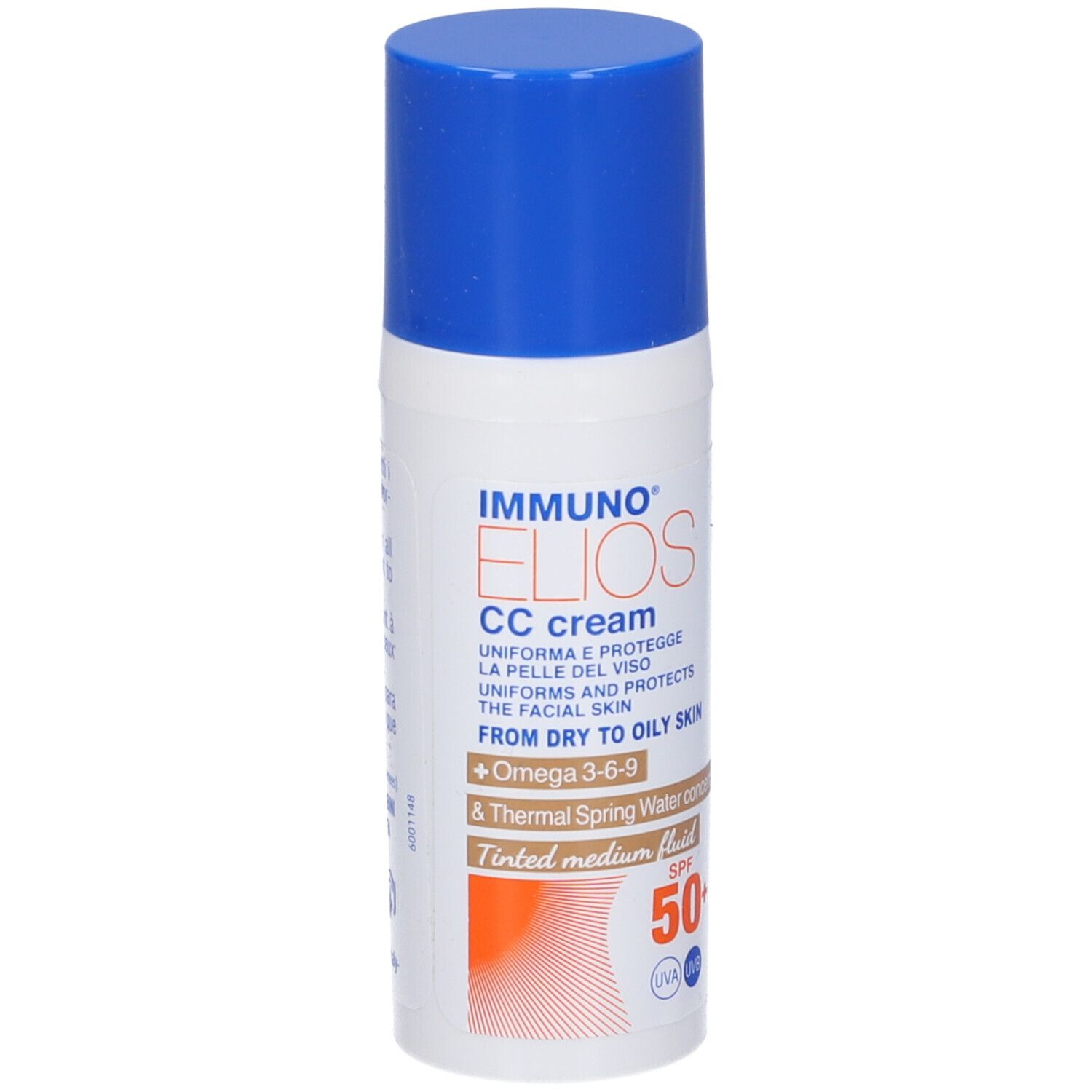 Tubo bianco con tappo blu. Scritta: Immuno Elios CC cream, SPF 50+. Fluido medio colorato.