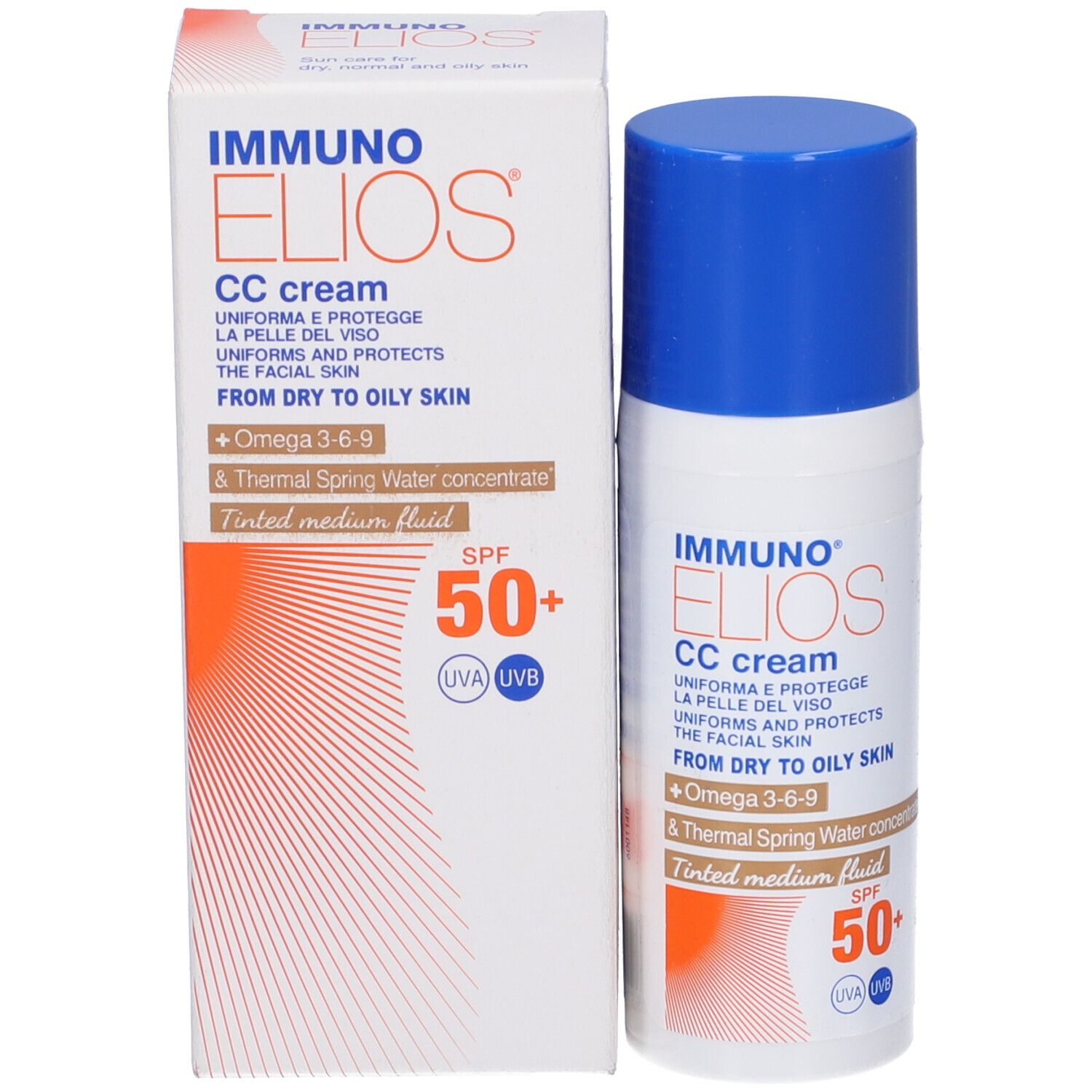 Tubo e confezione. Scritta: Immuno Elios CC cream, SPF 50+. Fluido medio colorato.