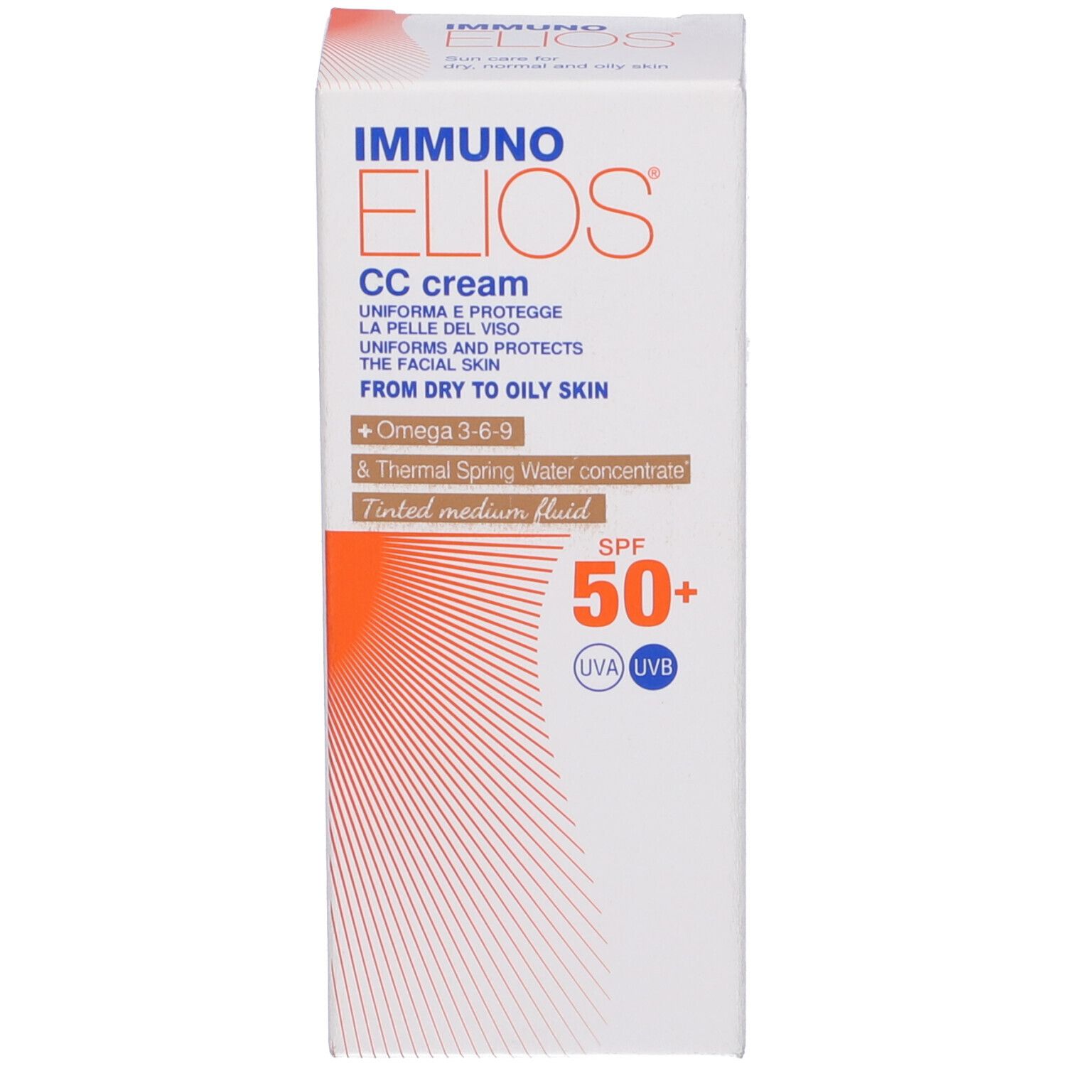 Confezione. Scritta: Immuno Elios CC cream, SPF 50+. Fluido medio colorato.