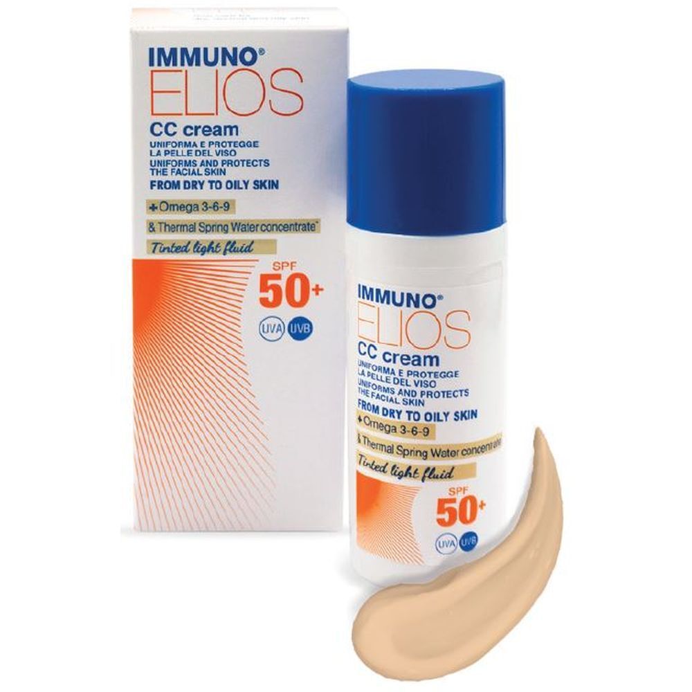 Fluido CC cream Immuno Elios, SPF 50+. Confezione bianca e arancione. Prodotto e confezione affiancati.