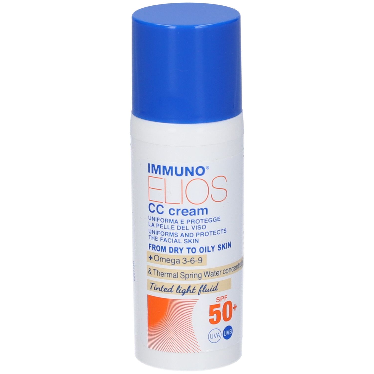 Fluido solare Immuno Elios CC cream, SPF 50+. Tappo blu. Per pelli da secche a oleose.