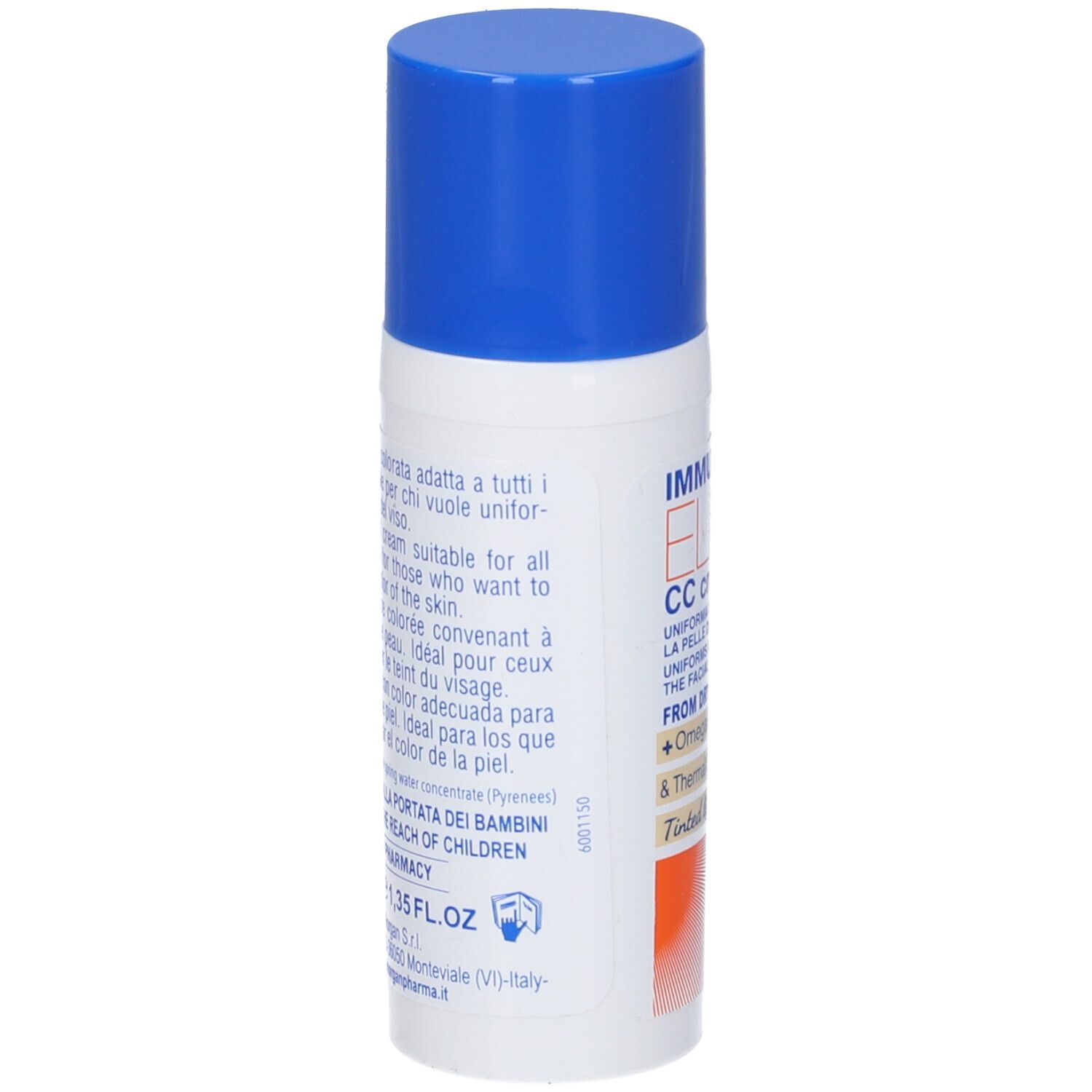 Fluido solare Immuno Elios CC cream, SPF 50+. Tappo blu. Per pelli da secche a oleose.