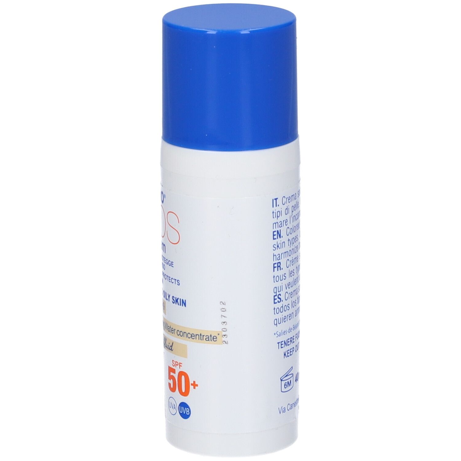 Fluido solare Immuno Elios CC cream, SPF 50+. Tappo blu. Per pelli da secche a oleose.