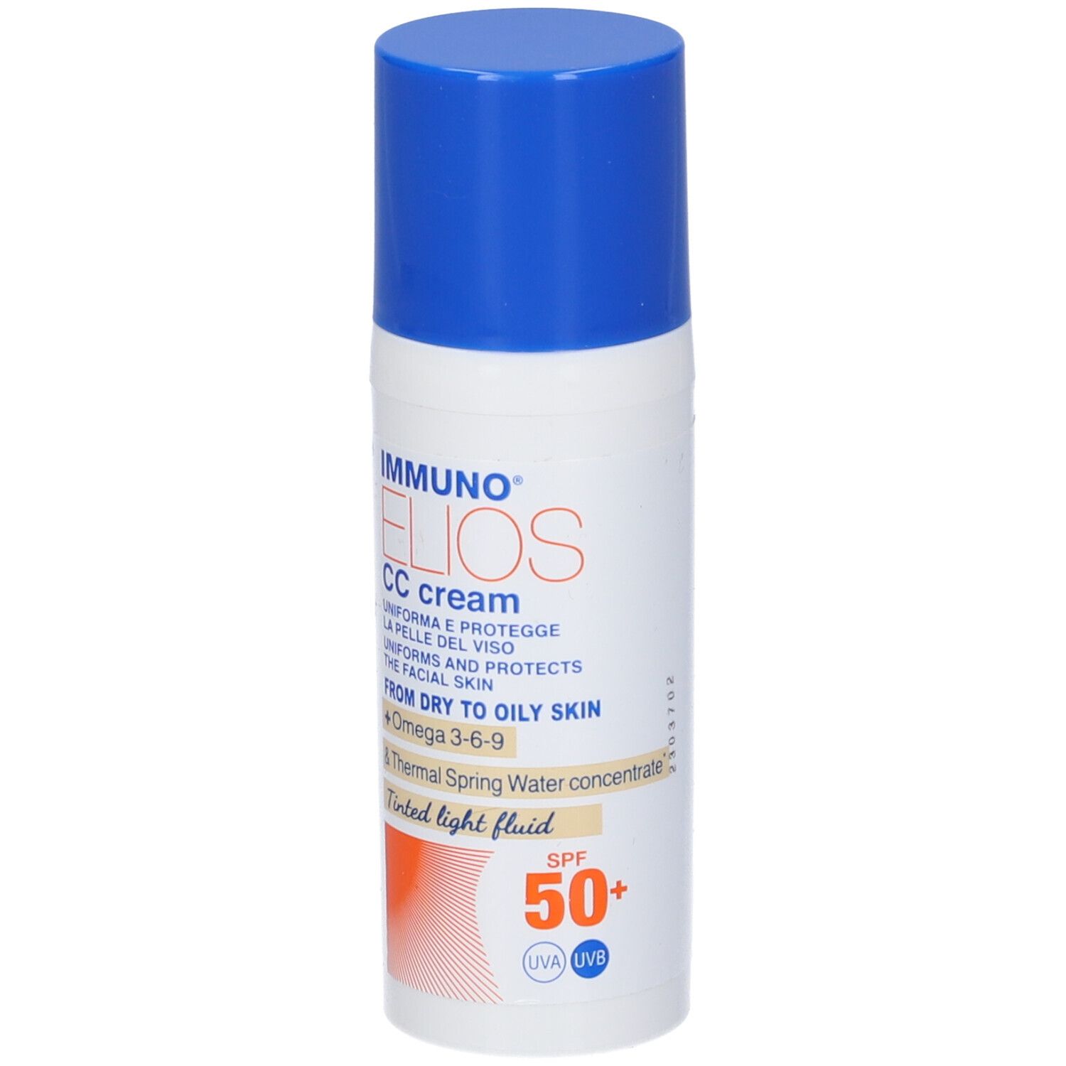Fluido solare Immuno Elios CC cream, SPF 50+. Tappo blu. Per pelli da secche a oleose.