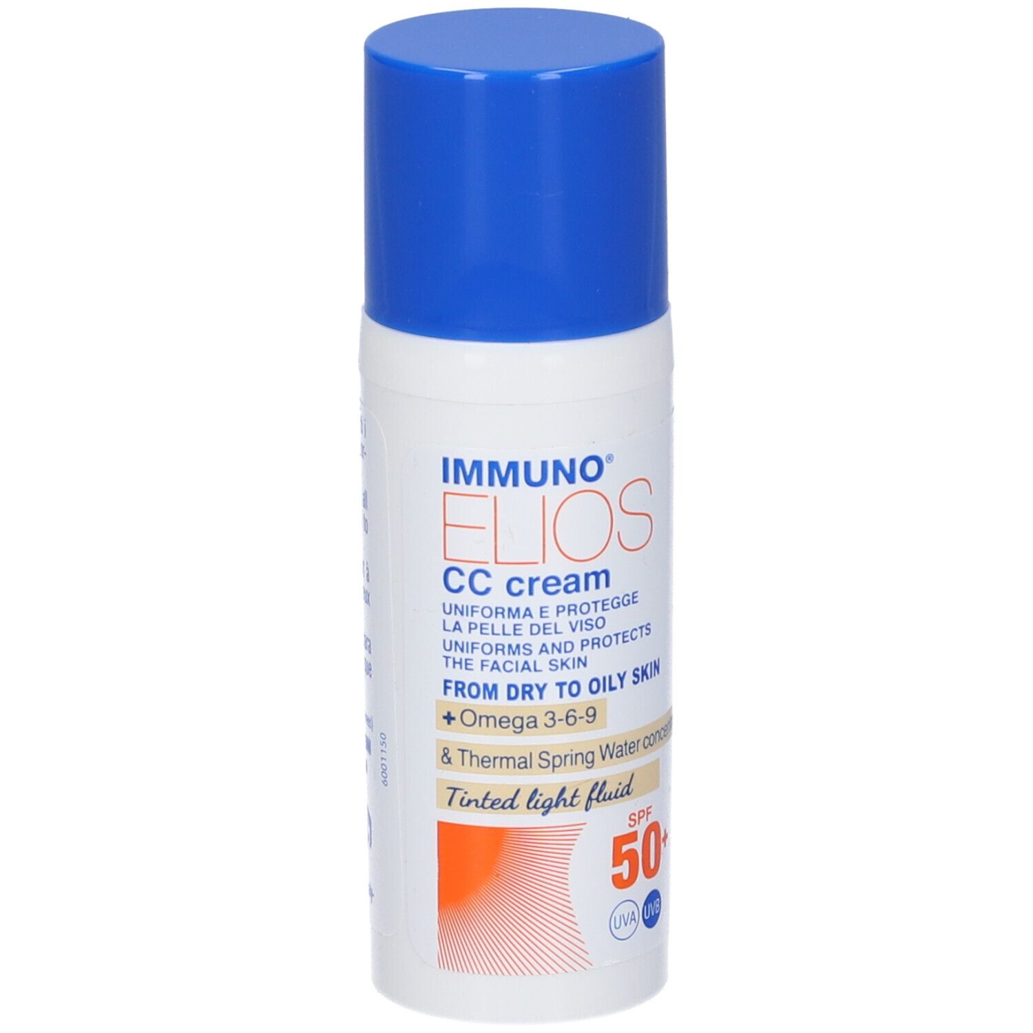 Fluido solare Immuno Elios CC cream, SPF 50+. Tappo blu. Per pelli da secche a oleose.