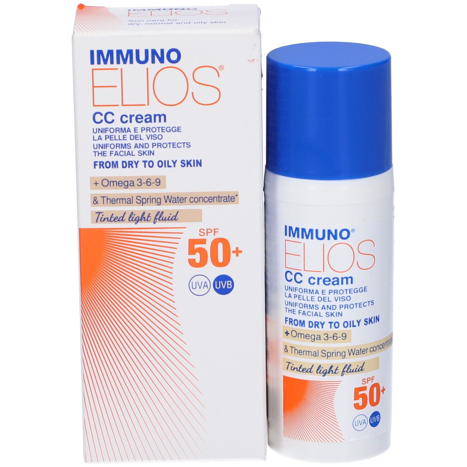 Fluido solare e confezione. Immuno Elios CC cream, SPF 50+. Per pelli da secche a oleose.