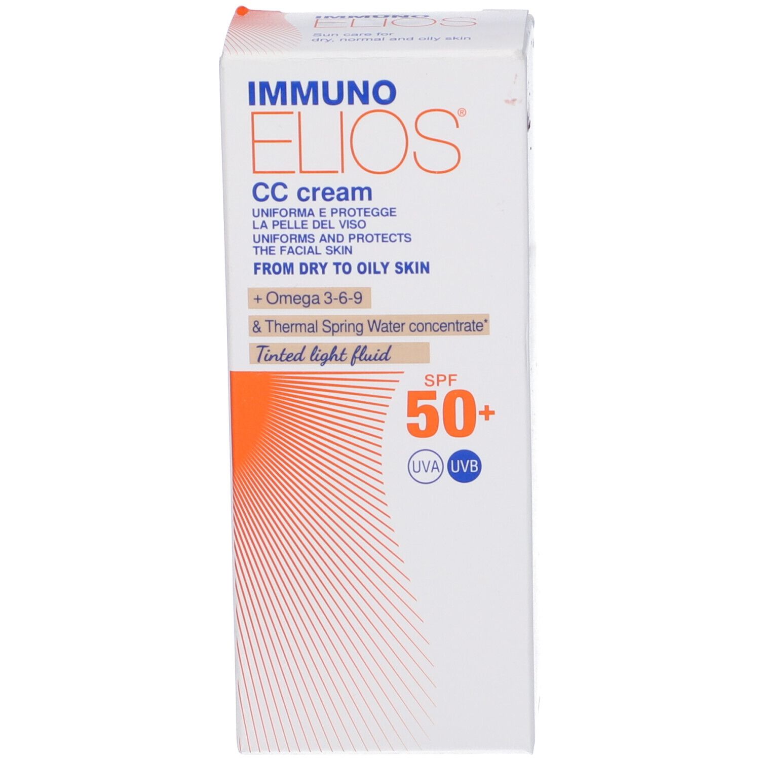 Confezione. Immuno Elios CC cream, SPF 50+. Per pelli da secche a oleose.