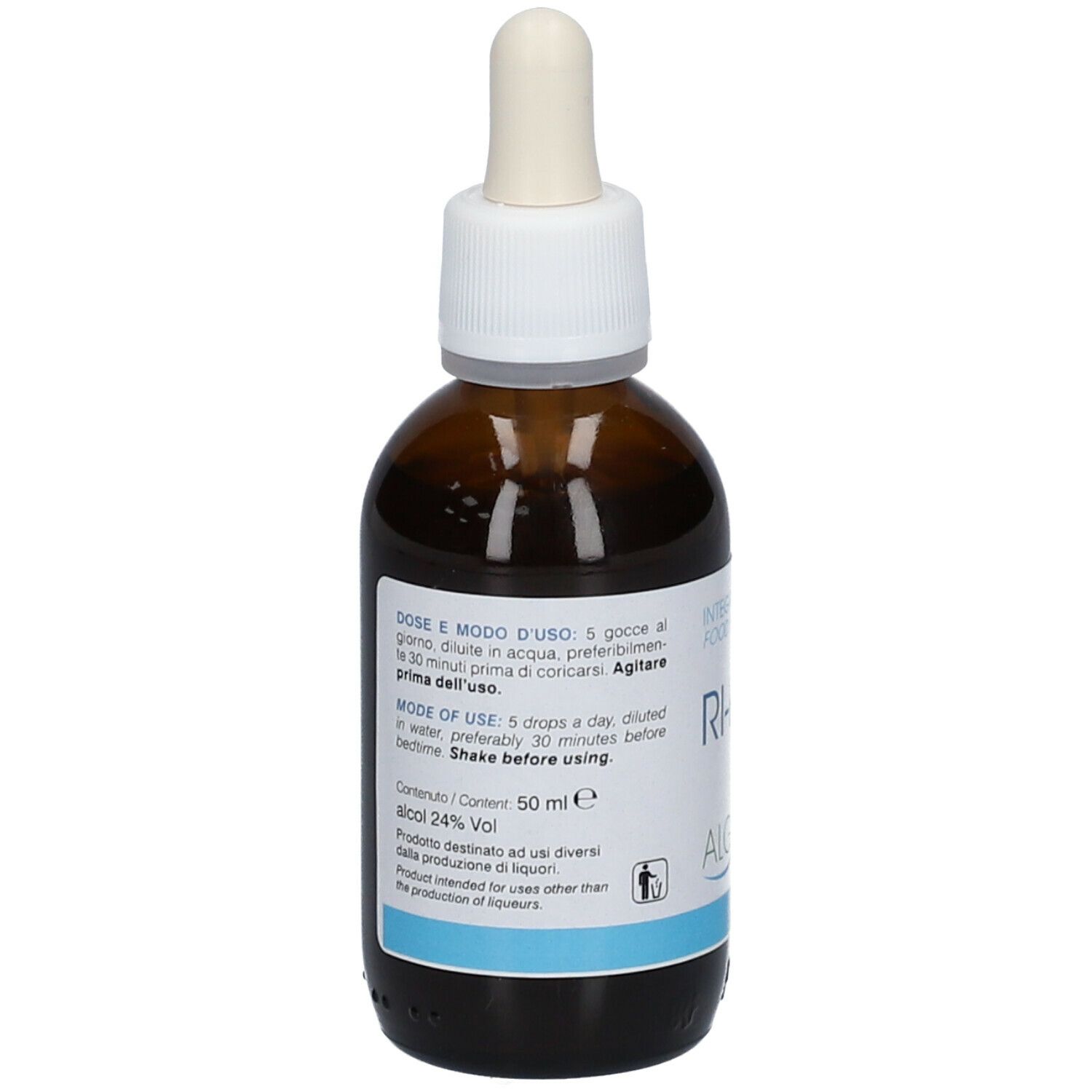 Flacone di vetro marrone con contagocce. Scritta RI-PARA e ALGILIFE. Etichetta con istruzioni per l'uso e ingredienti.