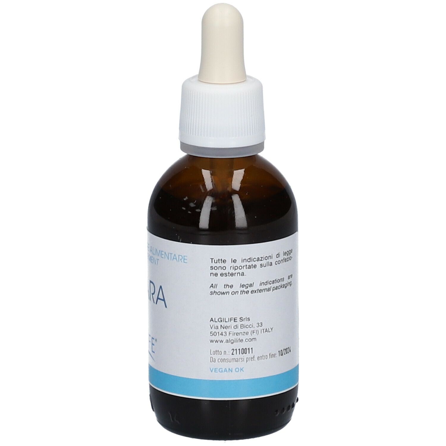 Flacone di vetro marrone con contagocce. Scritta RI-PARA e ALGILIFE. Etichetta con informazioni produttore e certificazione Vegan.