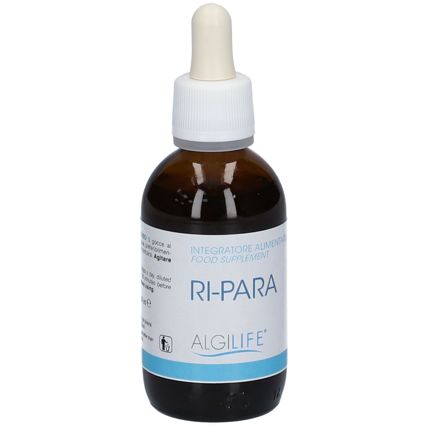 Flacone di vetro marrone con contagocce. Scritta RI-PARA e ALGILIFE. Etichetta con informazioni sul prodotto.