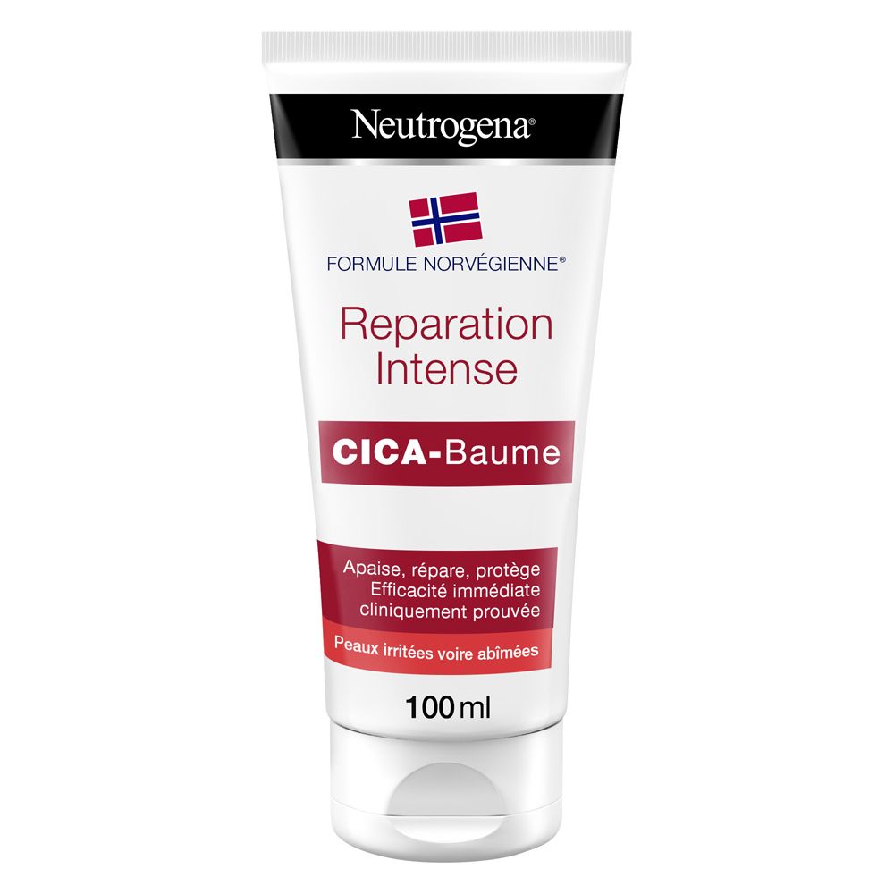 Tubo bianco con testo rosso. Contiene Cica-Balsamo. Marchio Neutrogena. Formula norvegese. 100 ml.