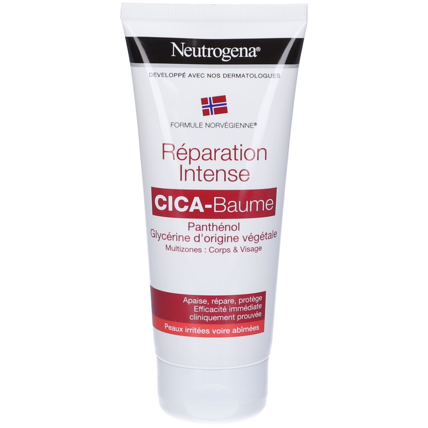 Tubo di Cica-Balsamo. Marchio Neutrogena. Testo: Riparazione Intensa. Contiene Pantenolo e glicerina vegetale.