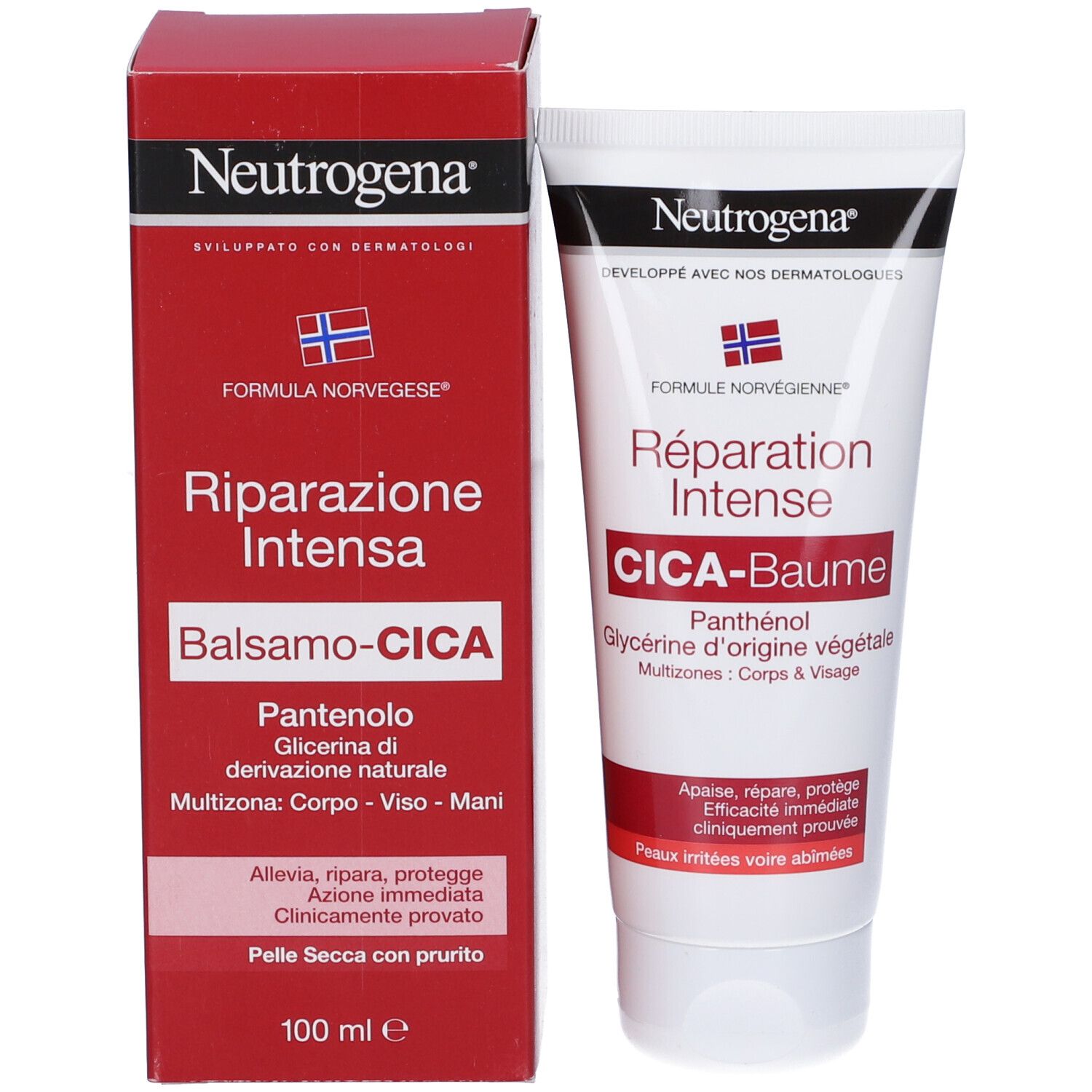 Tubo e confezione Cica-Balsamo. Marchio Neutrogena. Testo: Riparazione Intensa. Contiene Pantenolo e Glicerina.