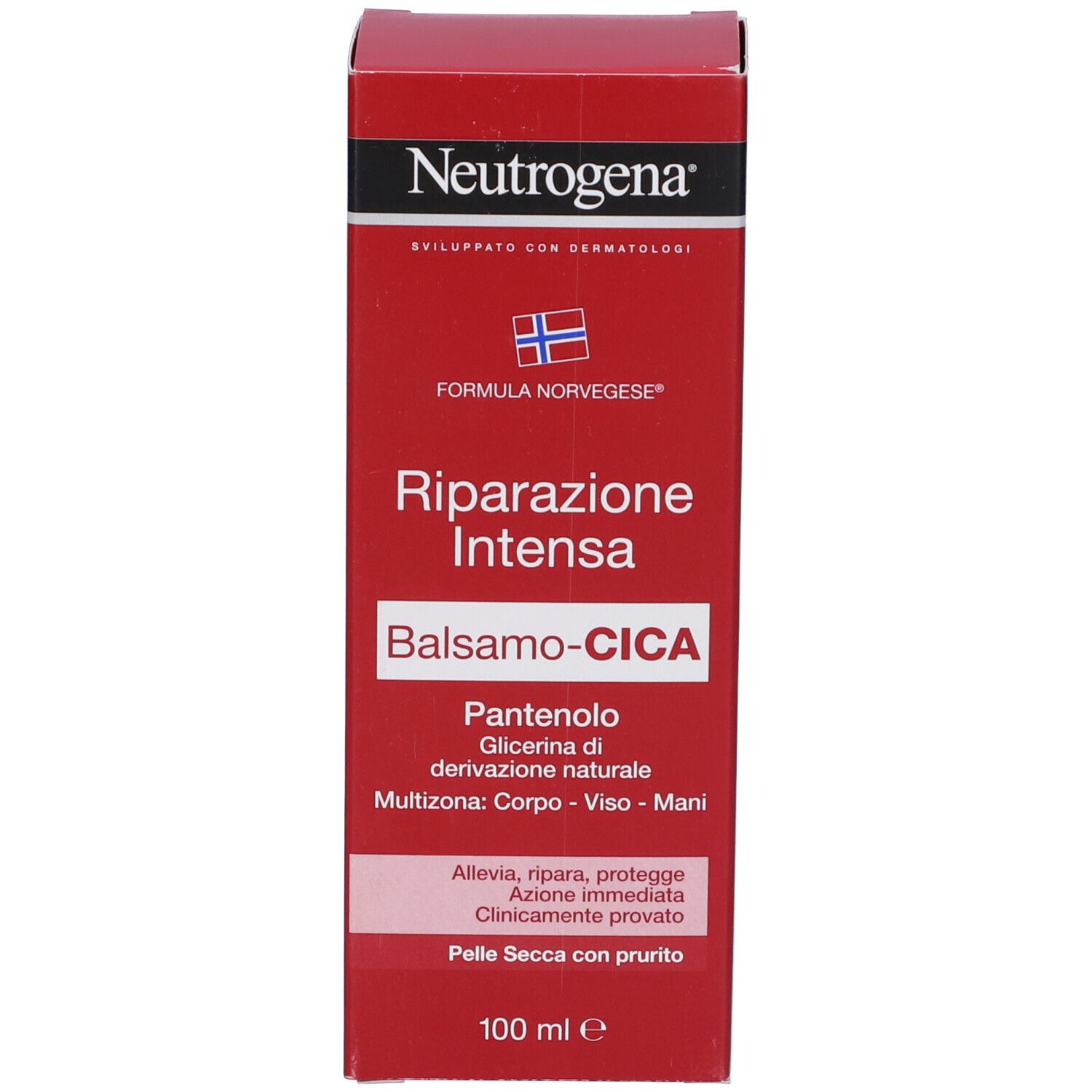 Confezione rossa Cica-Balsamo. Marchio Neutrogena. Testo: Riparazione Intensa. Contiene Pantenolo e Glicerina.