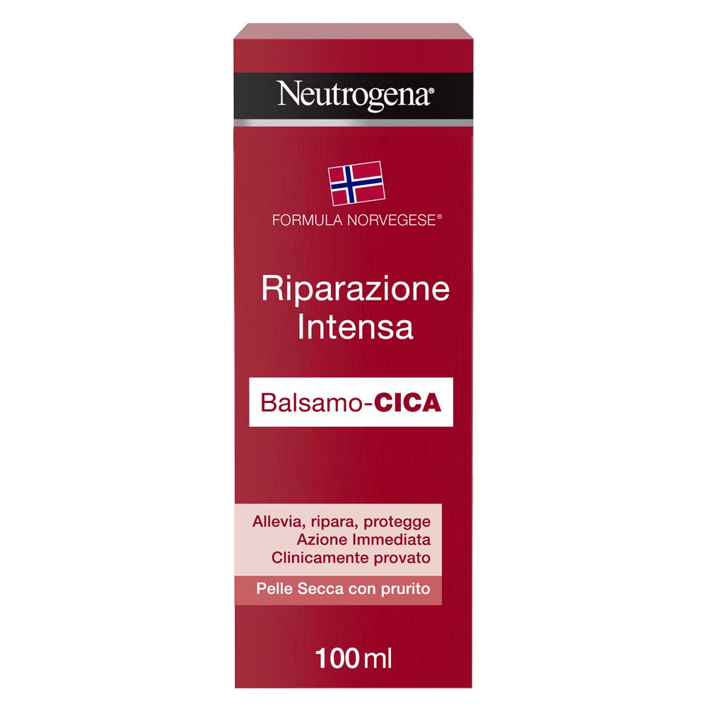 Confezione rossa con testo bianco. Contiene Cica-Balsamo. Marchio Neutrogena. 100 ml.