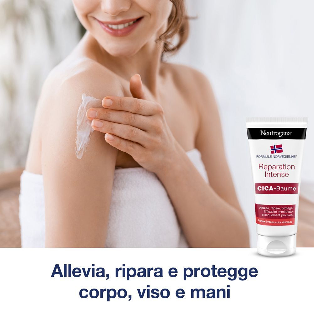 Donna applica balsamo. Tubo di Cica-Balsamo. Marchio Neutrogena. Testo: Allevia, ripara e protegge corpo, viso e mani.