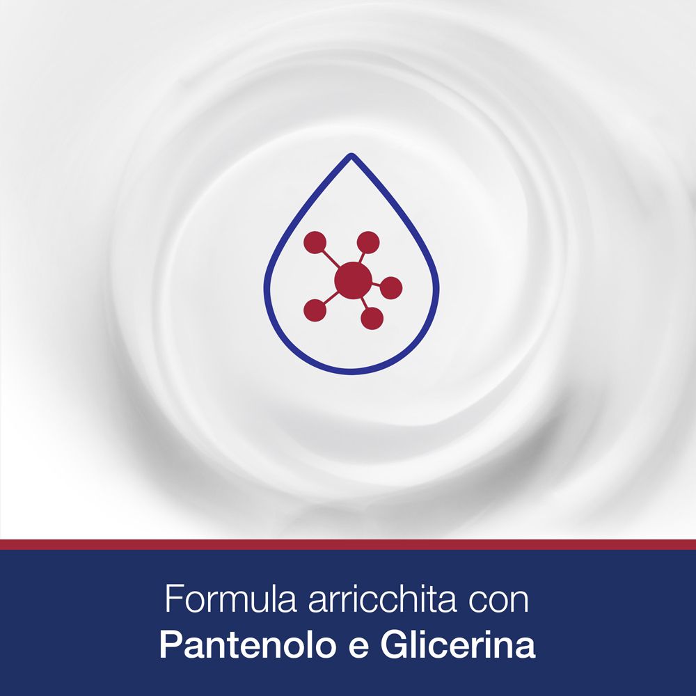 Sfondo bianco con simbolo a goccia. Testo: Formula arricchita con Pantenolo e Glicerina.