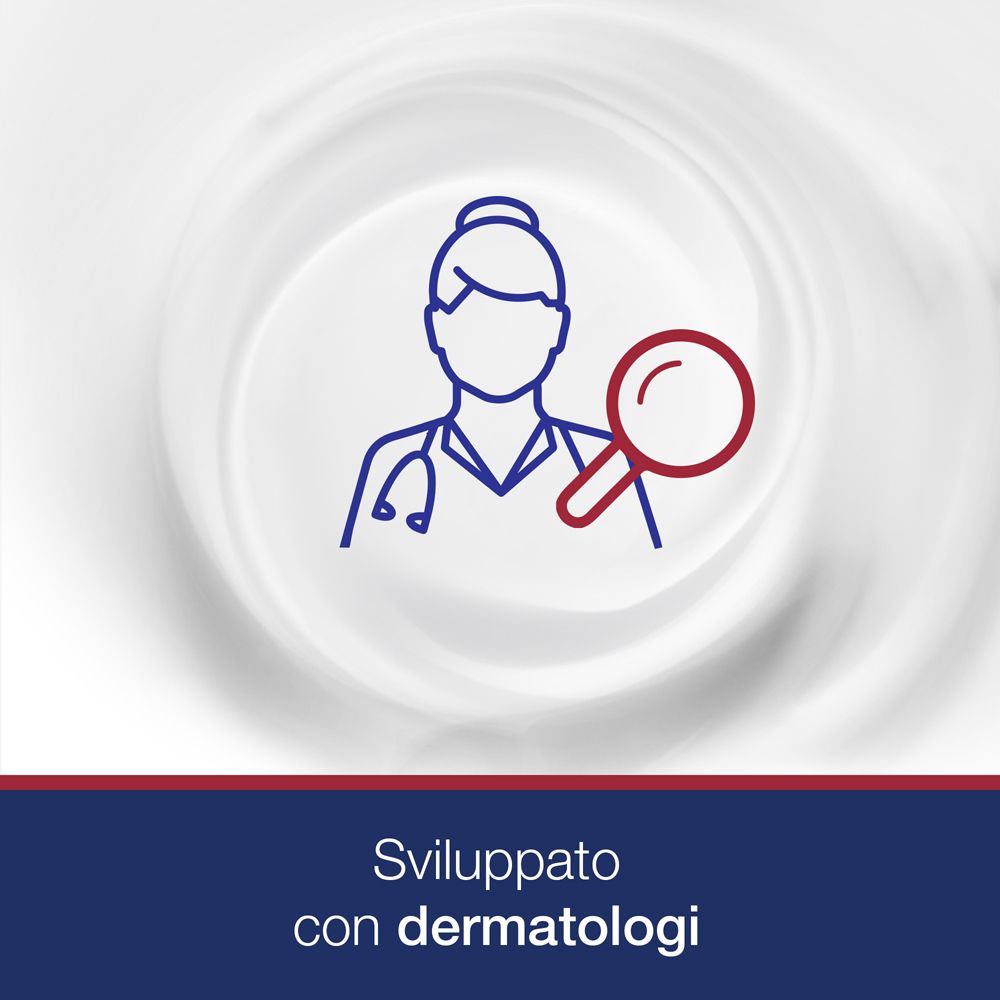 Sfondo bianco con simbolo. Testo: Sviluppato con dermatologi.