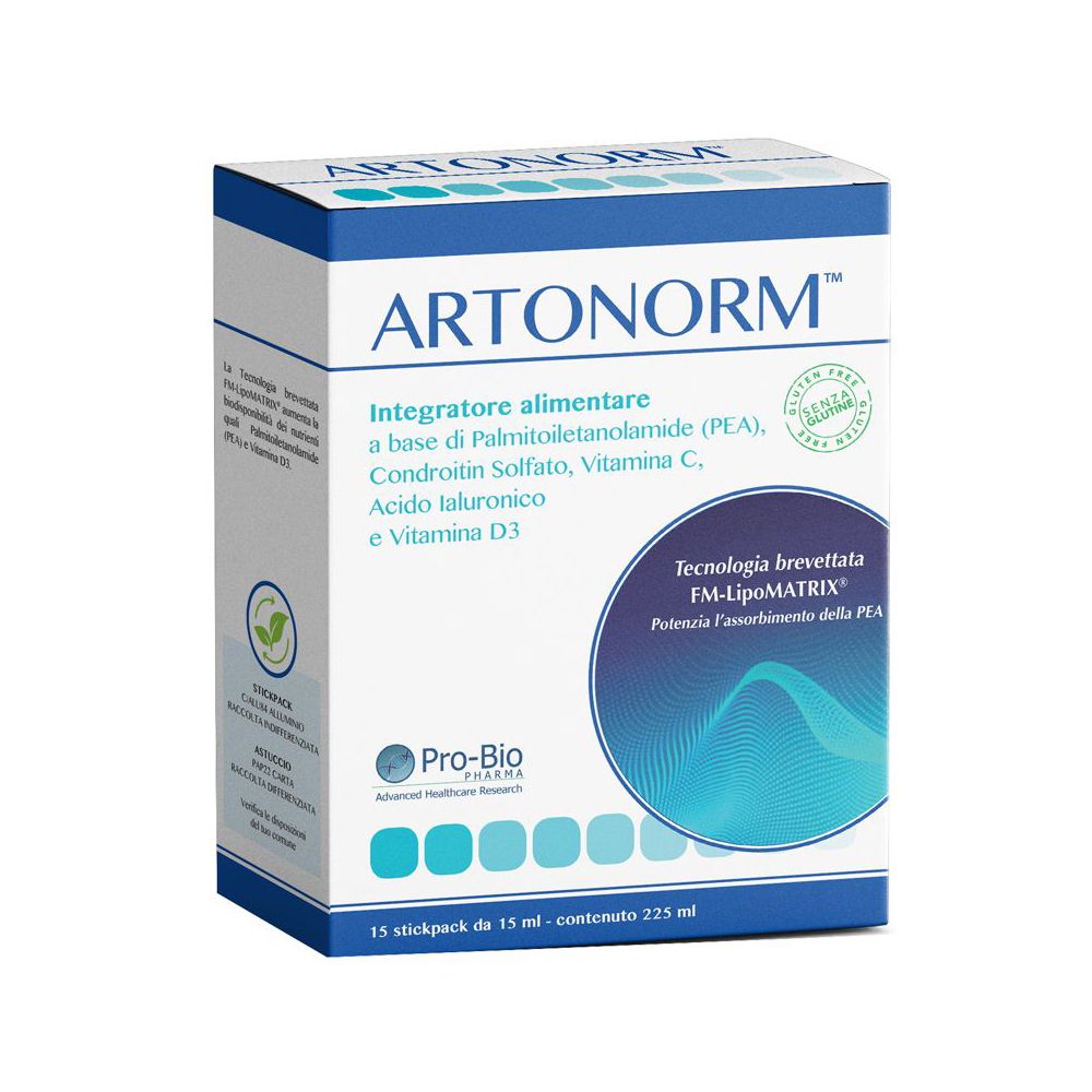 Scatola prodotto con testo. Contiene 15 stickpack. Testo: Artonorm, integratore alimentare, FM-LipoMATRIX.