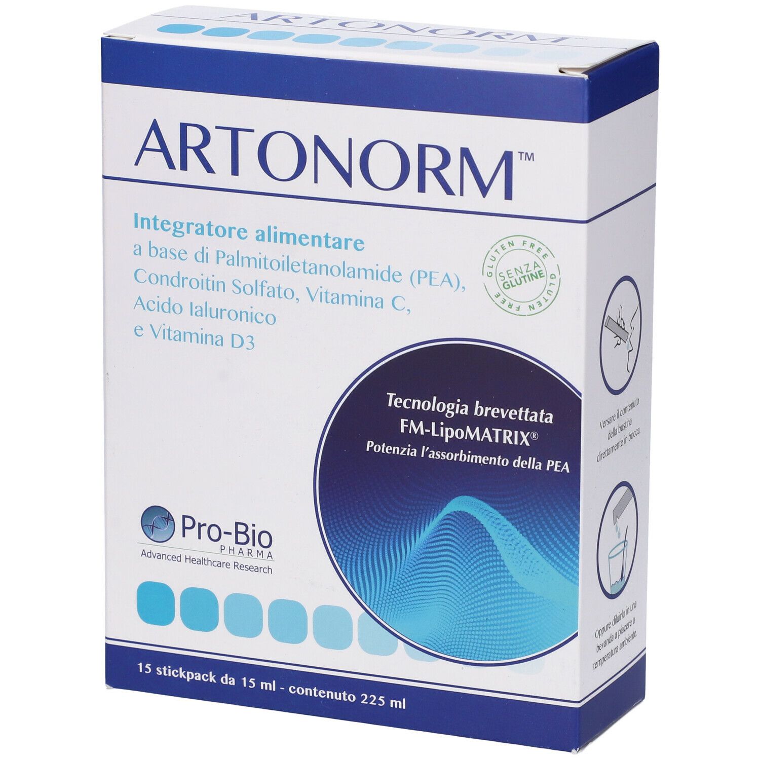 Confezione del prodotto con testo. Contiene 15 stickpack. Testo: Artonorm, integratore alimentare, FM-LipoMATRIX.
