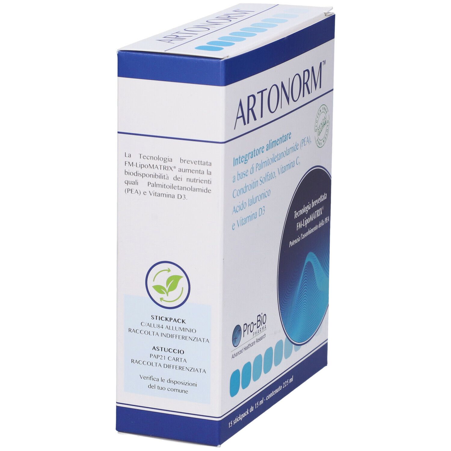 Confezione del prodotto con testo. Contiene 15 stickpack. Testo: Artonorm, integratore alimentare, FM-LipoMATRIX.
