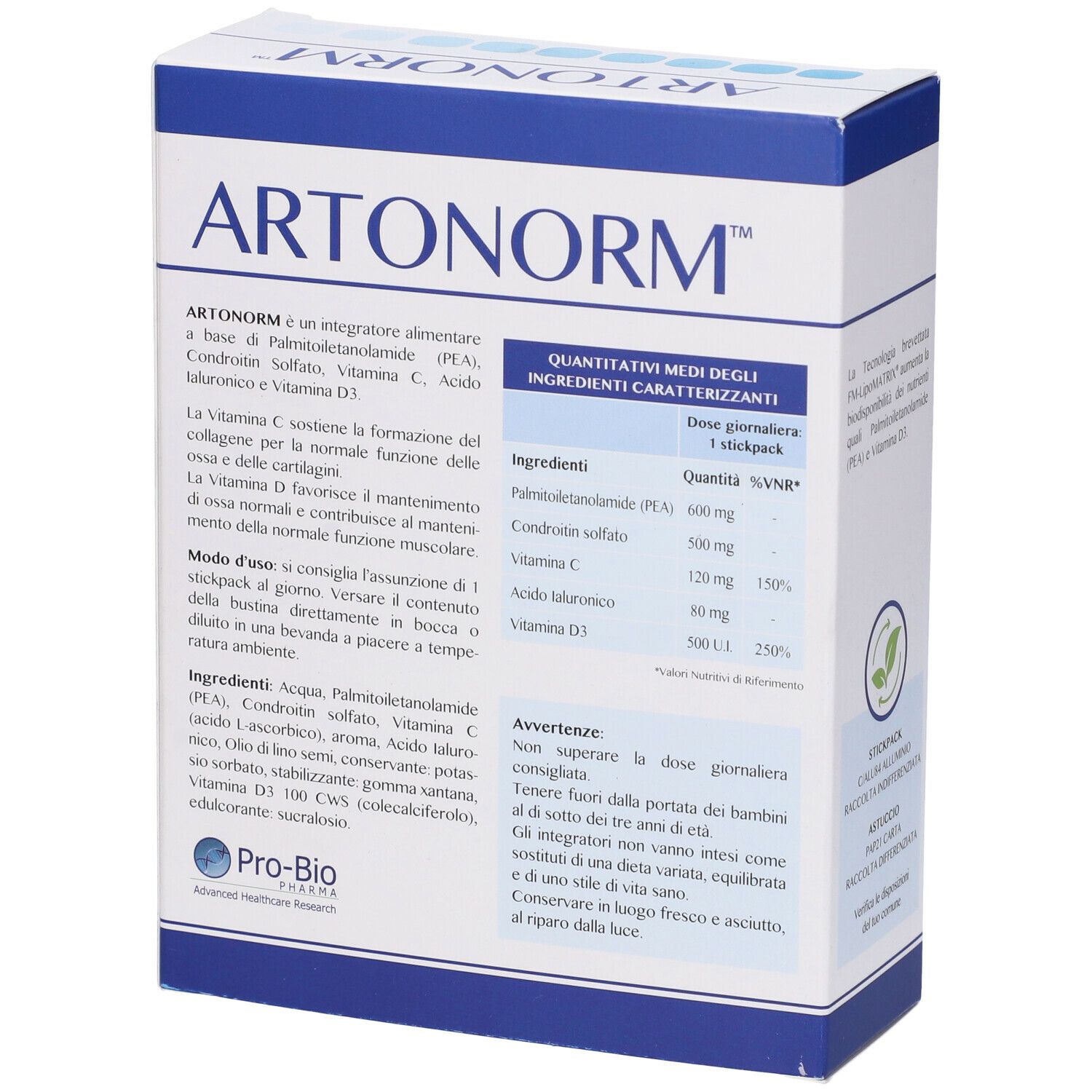 Confezione del prodotto con testo. Contiene 15 stickpack. Testo: Artonorm, integratore alimentare, FM-LipoMATRIX.