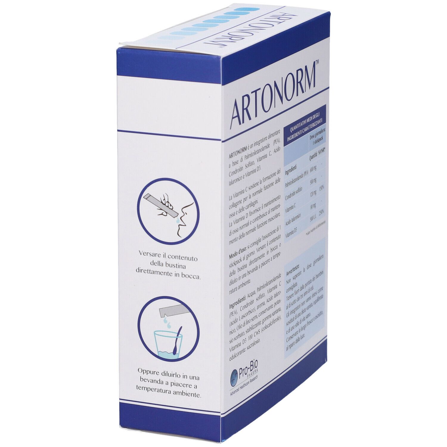 Confezione del prodotto con testo. Contiene 15 stickpack. Testo: Artonorm, integratore alimentare, FM-LipoMATRIX.