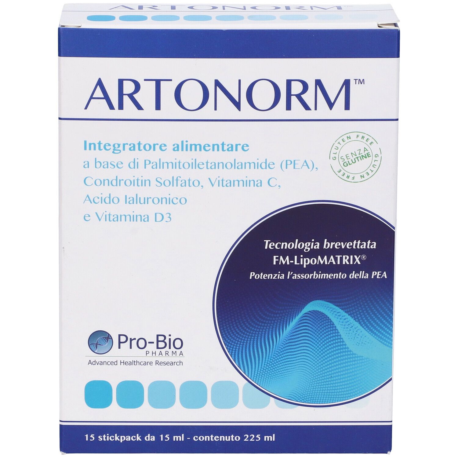 Confezione del prodotto con testo. Contiene 15 stickpack. Testo: Artonorm, integratore alimentare, FM-LipoMATRIX.