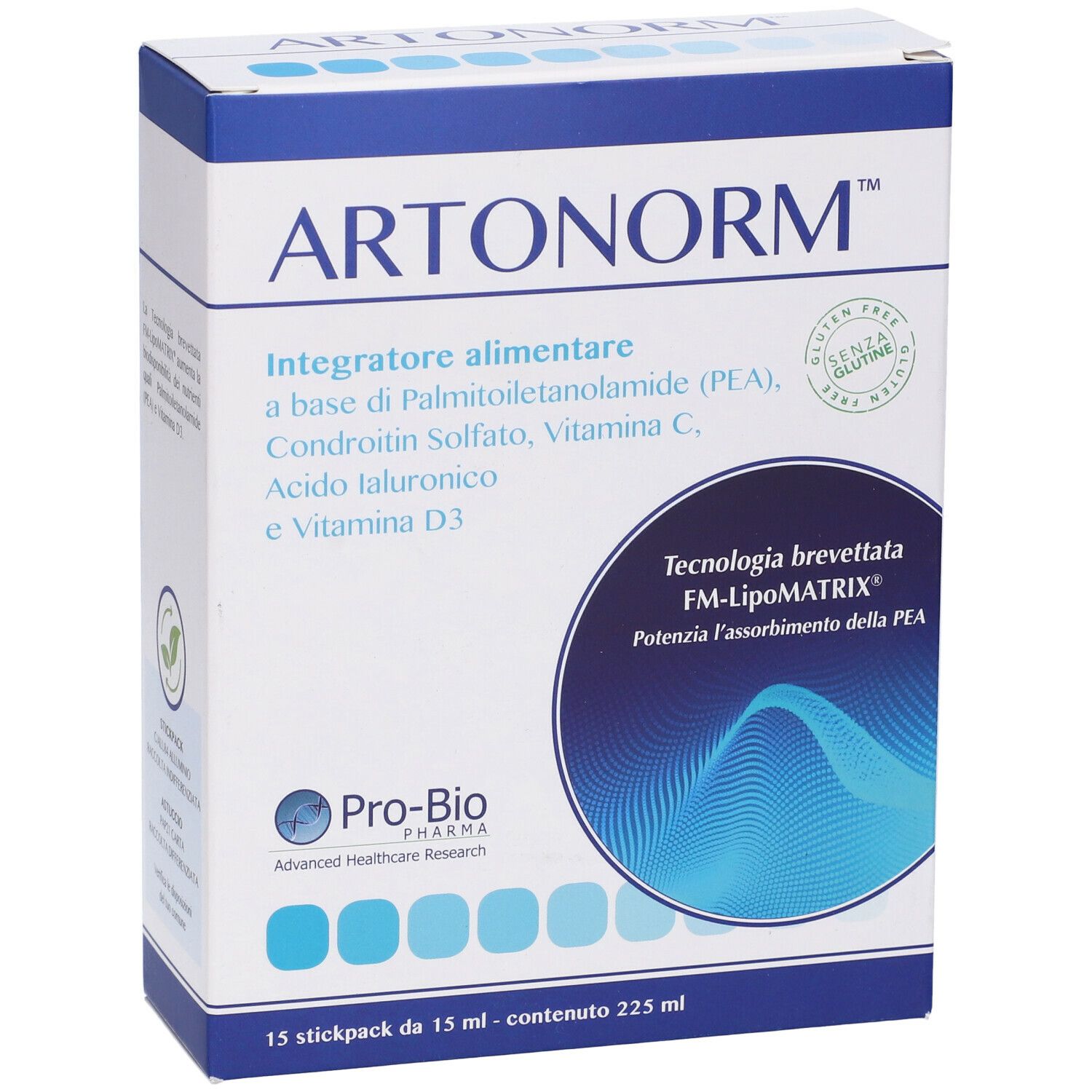 Confezione del prodotto con testo. Contiene 15 stickpack. Testo: Artonorm, integratore alimentare, FM-LipoMATRIX.
