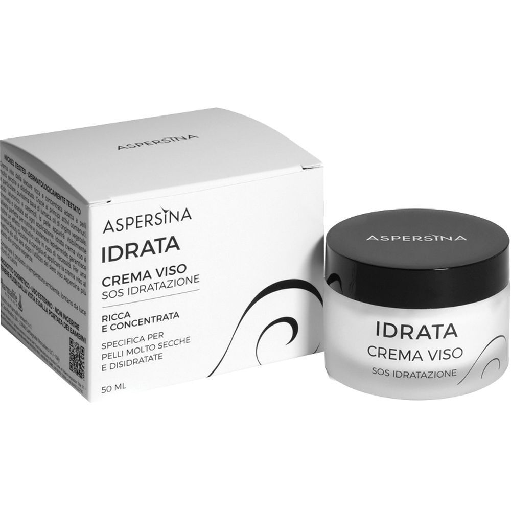 Vaso e scatola di crema. Scritta: Aspersina, IDRATA CREMA VISO SOS IDRATAZIONE. 50 ml. Specifico per pelli molto secche e disidratate.