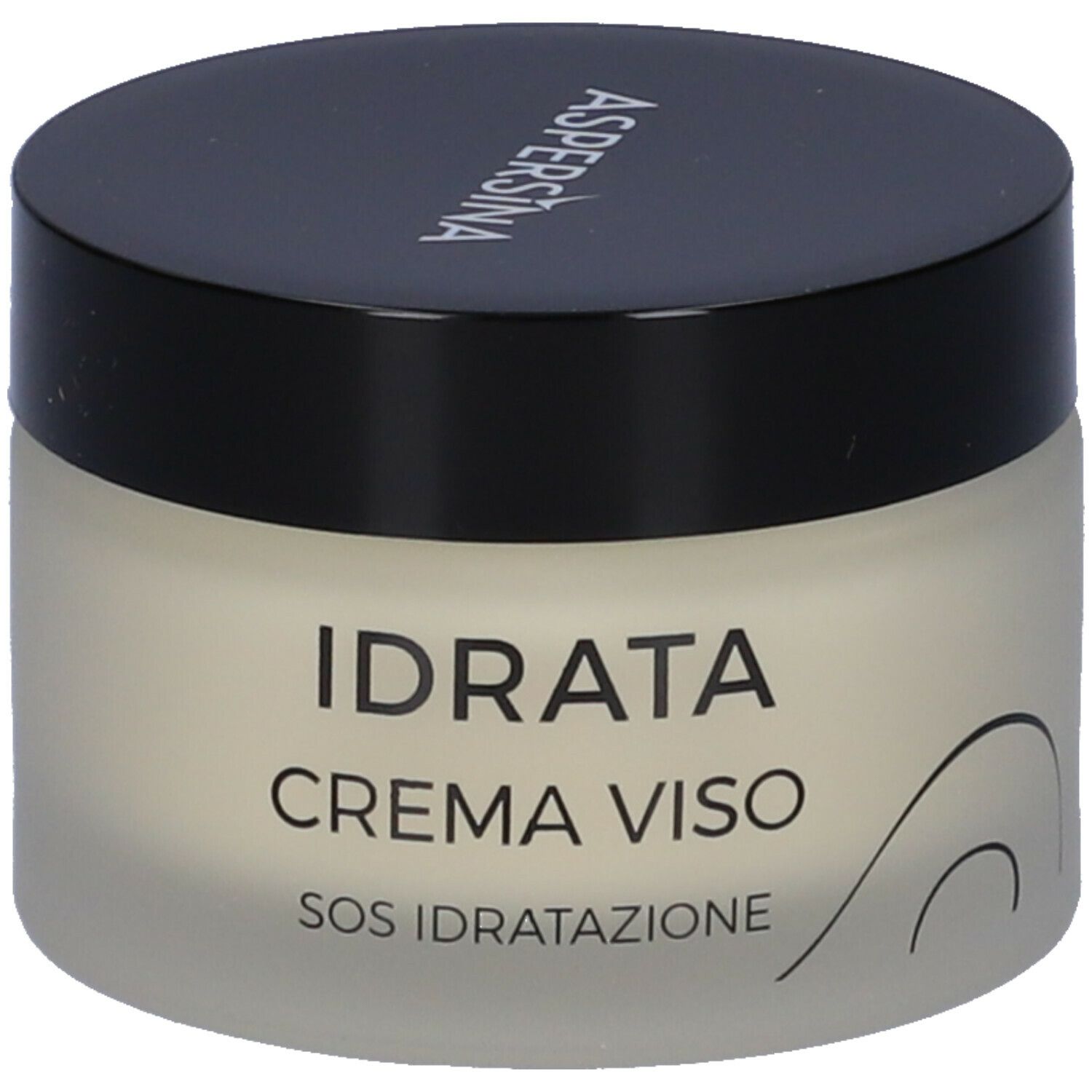 Vaso di crema con coperchio nero. Scritta: IDRATA CREMA VISO SOS IDRATAZIONE. Marchio Aspersina. Crema color crema all'interno.