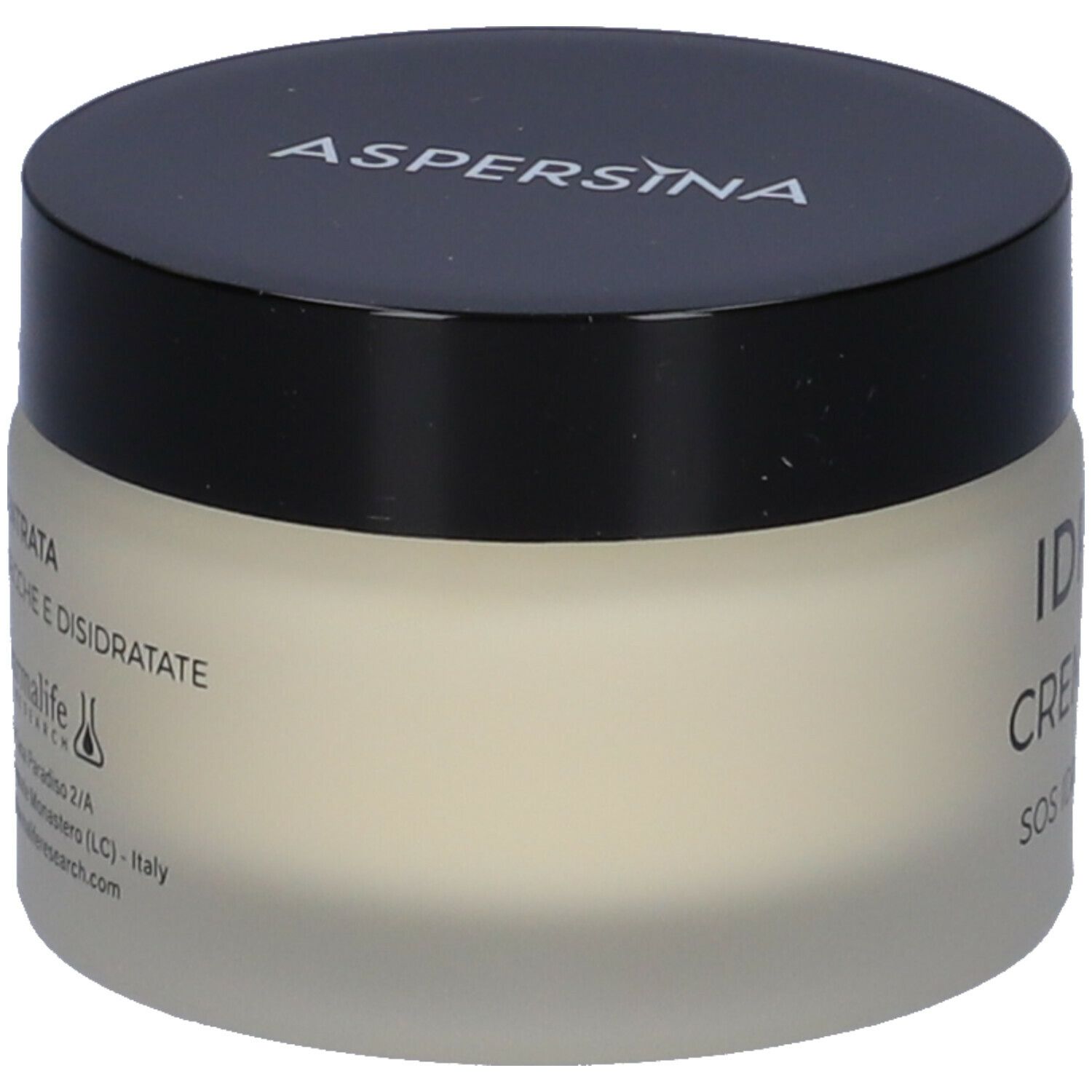 Vaso di crema con coperchio nero. Scritta: IDRATA CREMA VISO SOS IDRATAZIONE. Marchio Aspersina. Crema color crema all'interno.