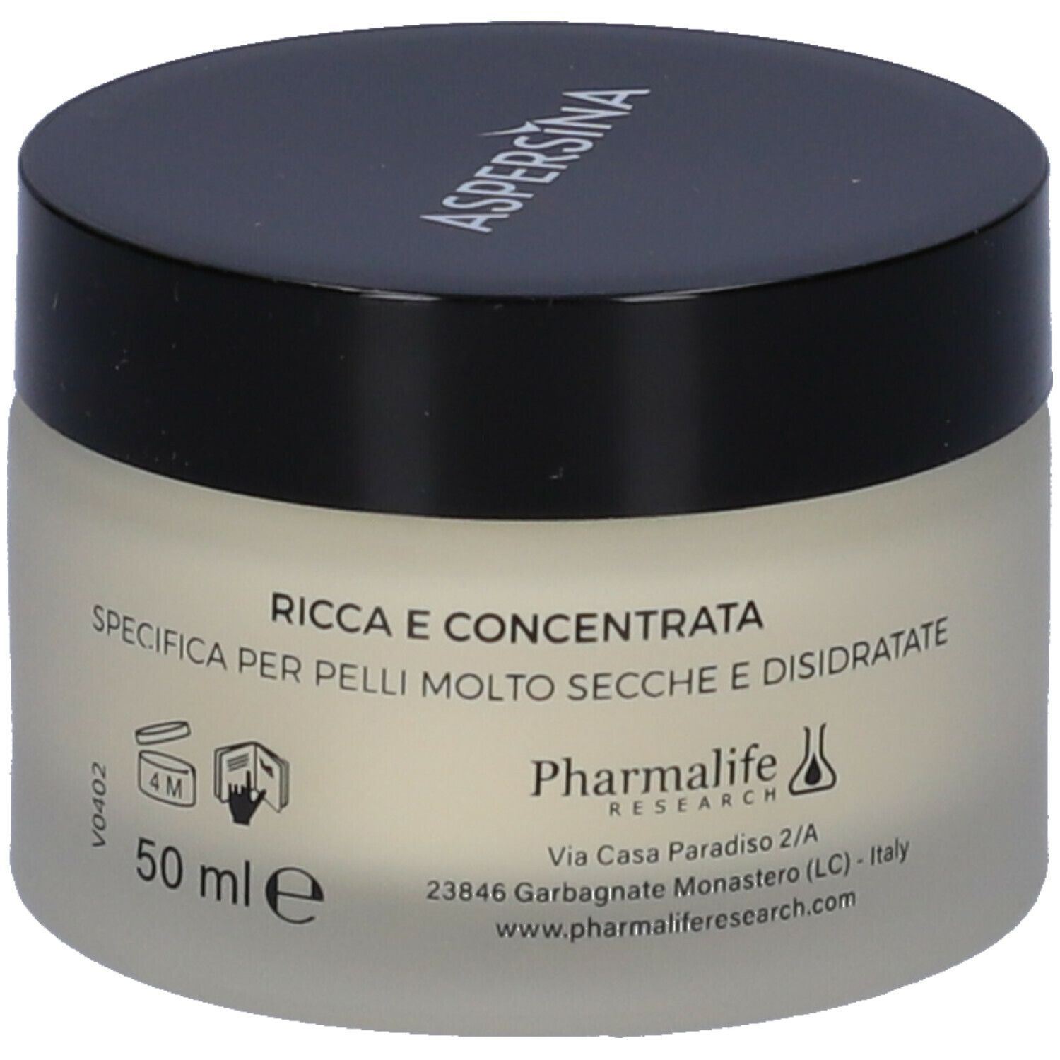 Vaso di crema con coperchio nero. Scritta: IDRATA CREMA VISO SOS IDRATAZIONE. Marchio Aspersina. Crema color crema all'interno.