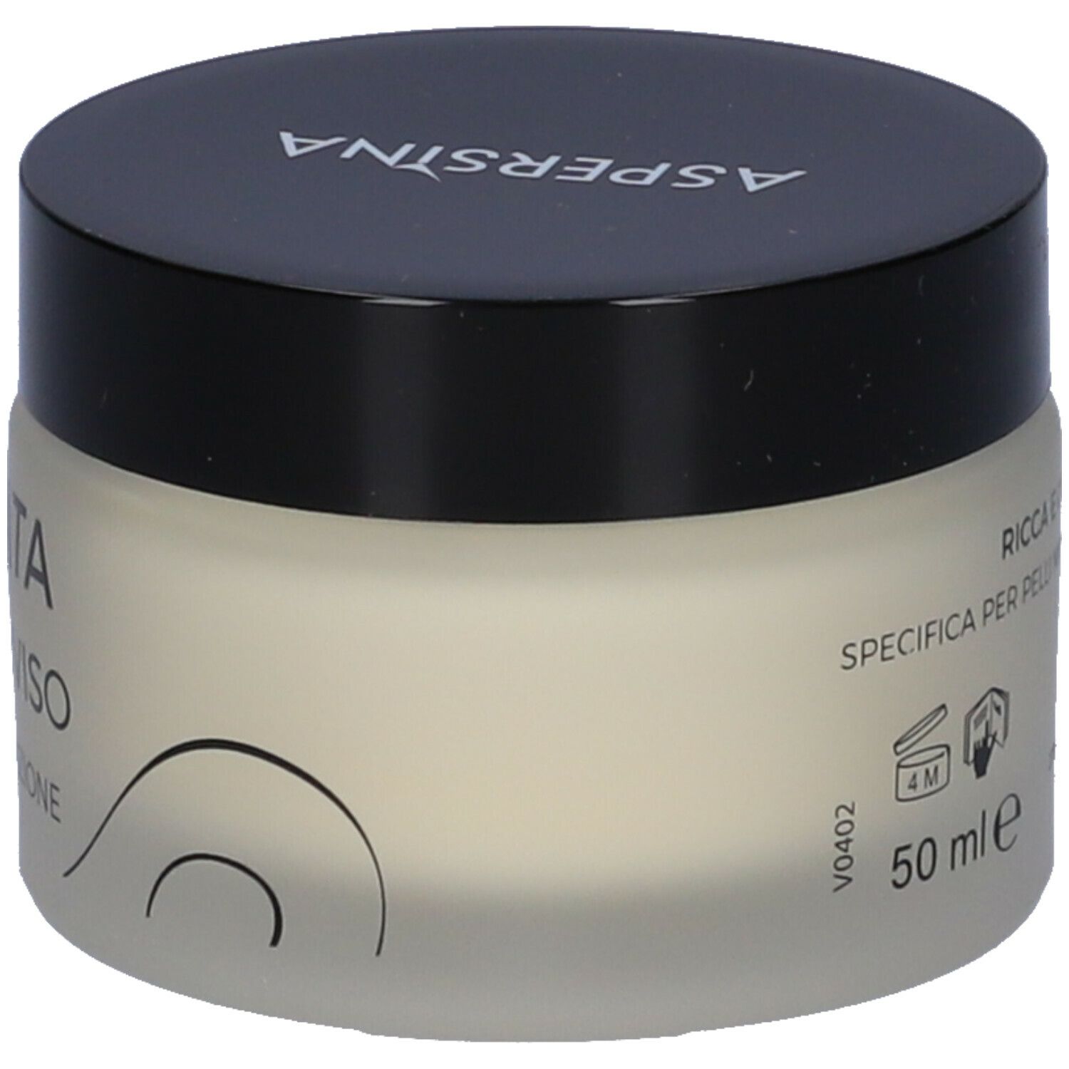 Vaso di crema con coperchio nero. Scritta: IDRATA CREMA VISO SOS IDRATAZIONE. Marchio Aspersina. Crema color crema all'interno.
