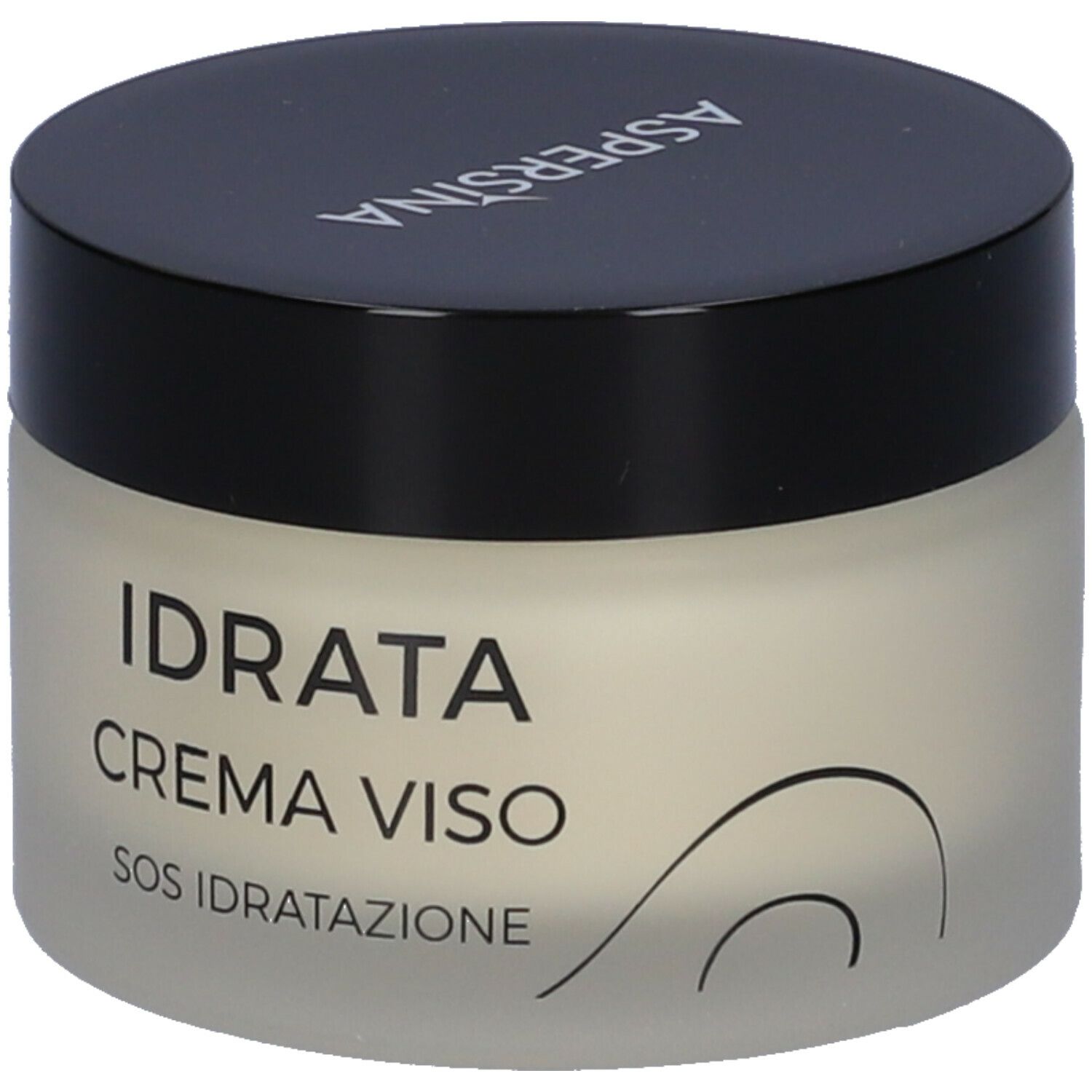 Vaso di crema con coperchio nero. Scritta: IDRATA CREMA VISO SOS IDRATAZIONE. Marchio Aspersina. Crema color crema all'interno.