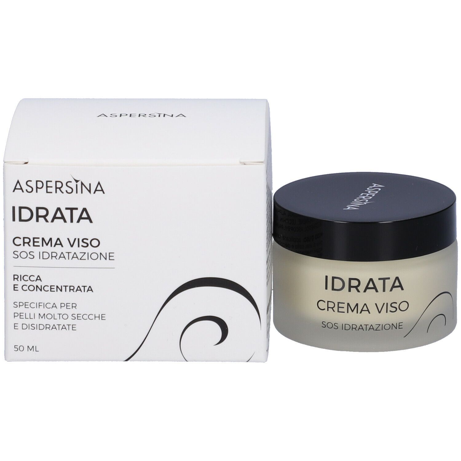 Vaso e scatola di crema. Scritta: Aspersina, IDRATA CREMA VISO SOS IDRATAZIONE. 50 ml. Specifico per pelli molto secche e disidratate.
