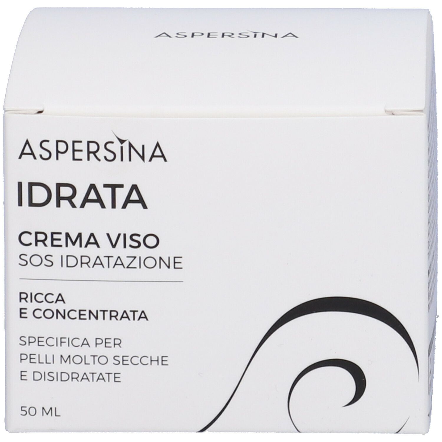 Scatola bianca con scritta: Aspersina, IDRATA CREMA VISO SOS IDRATAZIONE. Specifico per pelli molto secche e disidratate. 50 ml.