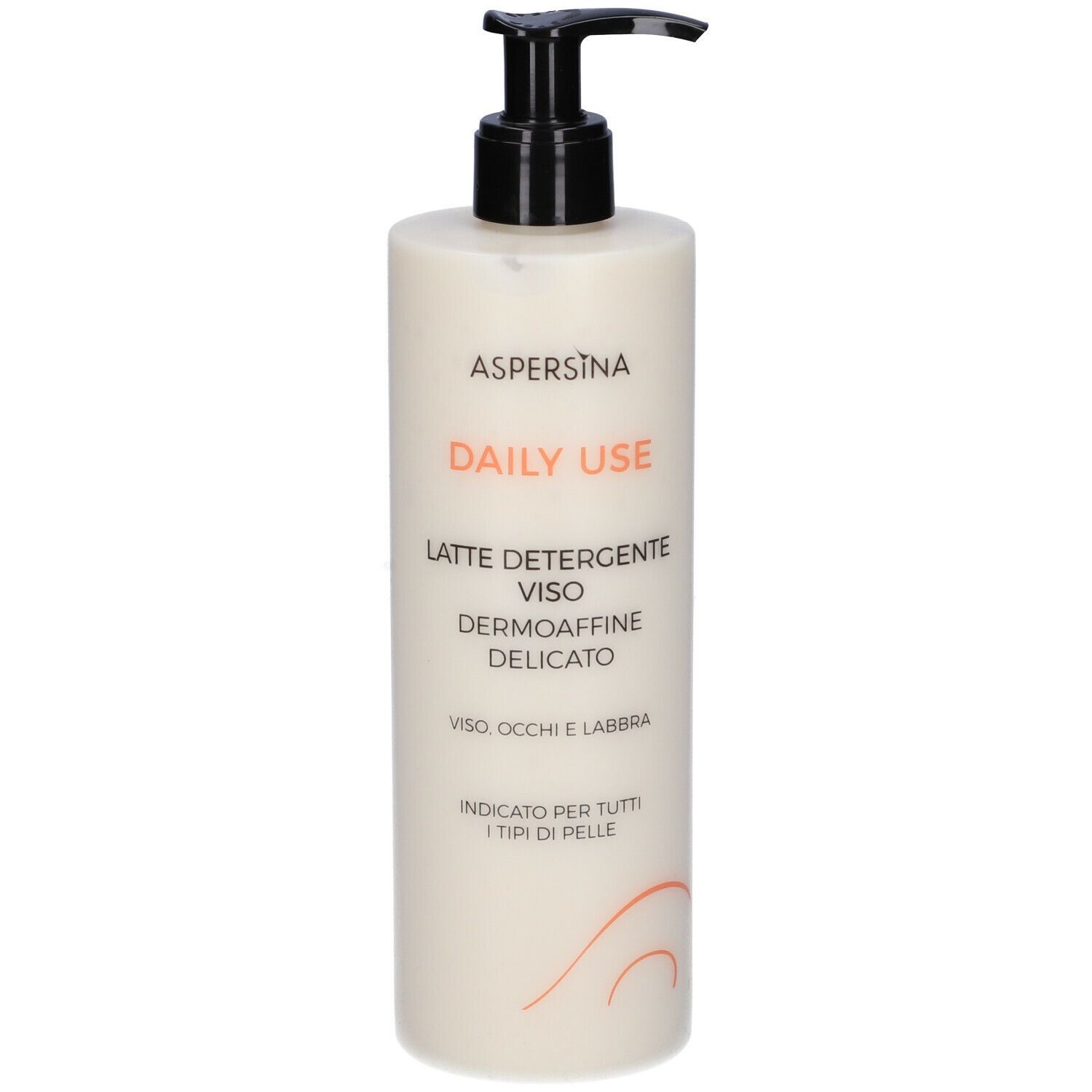 Flacone crema con dosatore. Scritta: Aspersina, Daily Use, Latte Detergente Viso Dermoaffine Delicato.