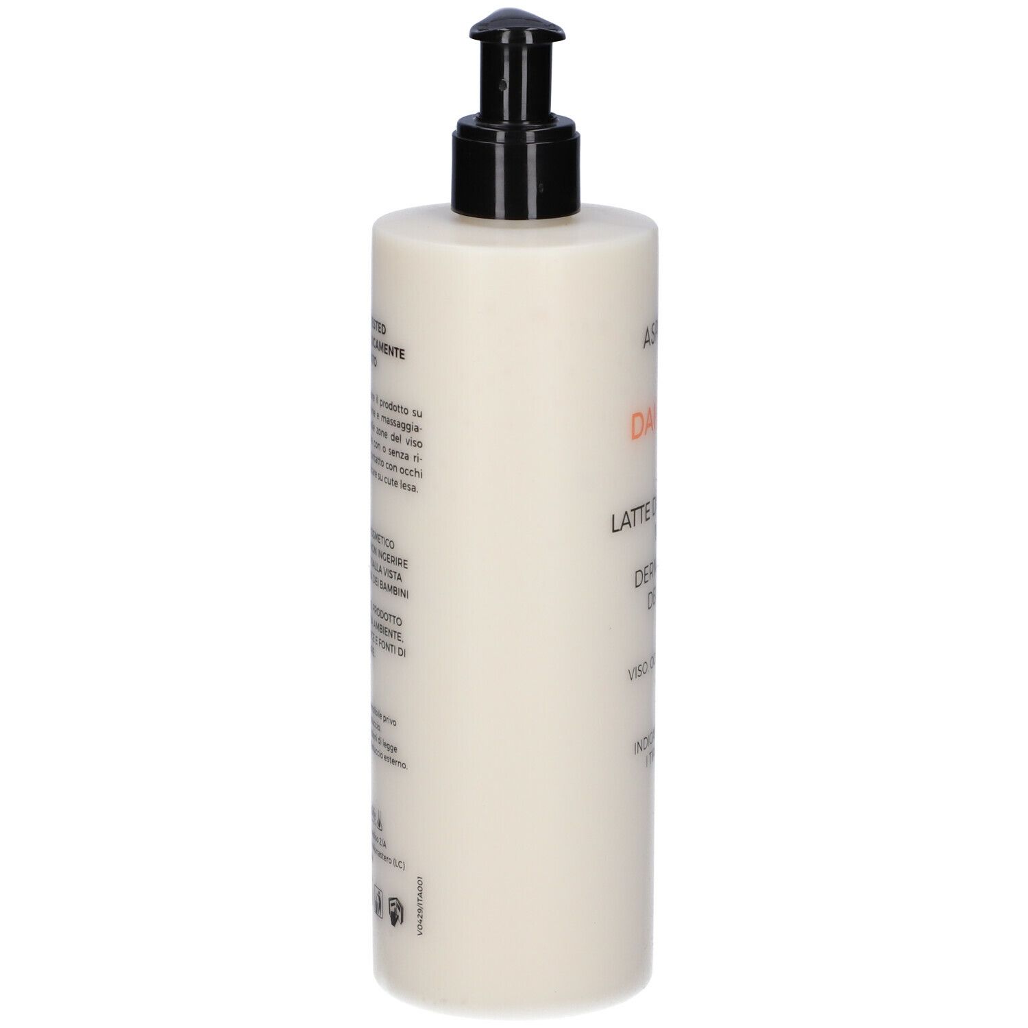 Flacone crema con dosatore. Retro con testo. Scritta: Aspersina, Daily Use, Latte Detergente Viso Dermoaffine Delicato.