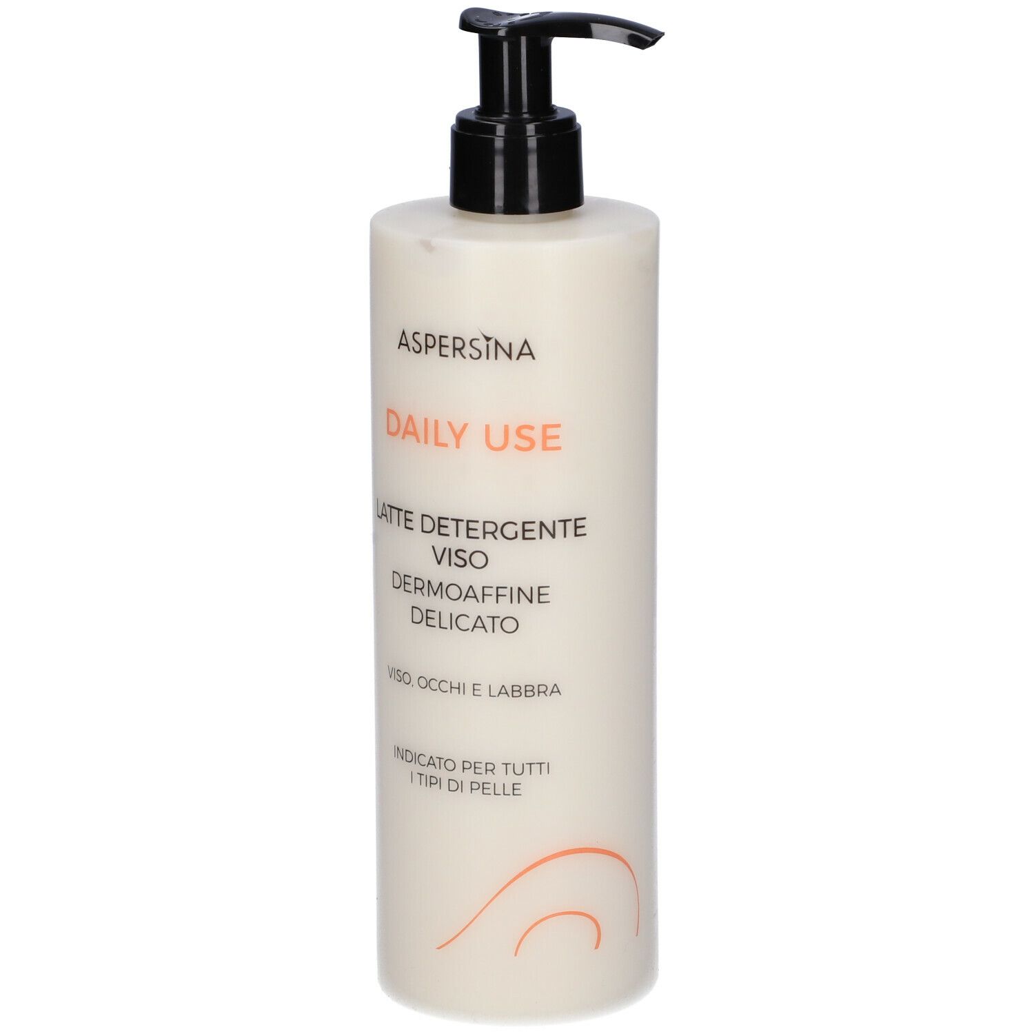 Flacone crema con dosatore. Scritta: Aspersina, Daily Use, Latte Detergente Viso Dermoaffine Delicato. 400 ml.