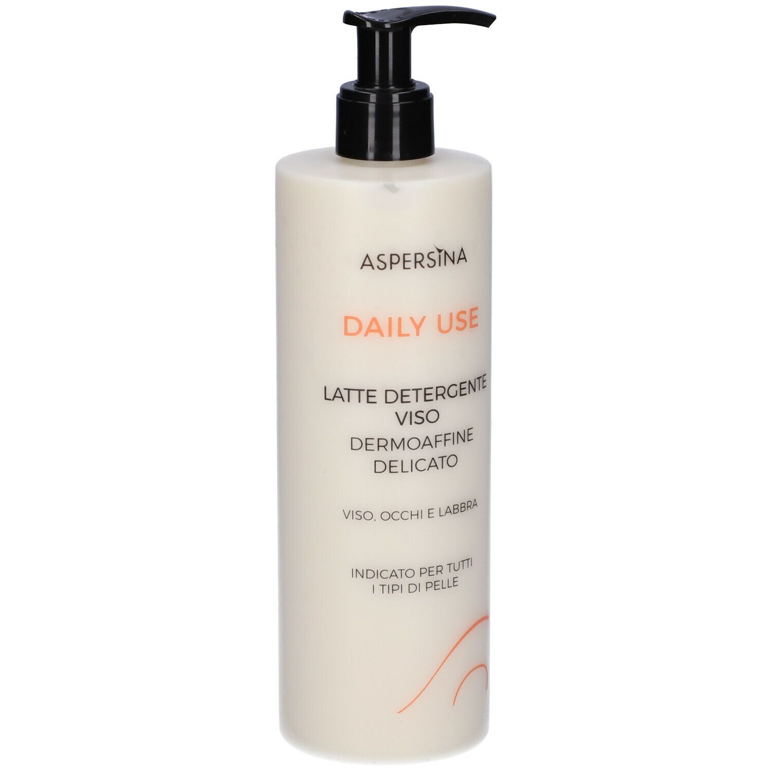 Flacone crema con dosatore. Scritta: Aspersina, Daily Use, Latte Detergente Viso Dermoaffine Delicato. 400 ml.