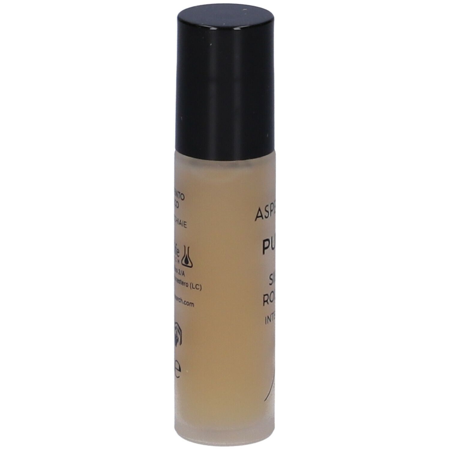 Roll-on-Serum mit schwarzem Deckel. Aufschrift: Aspersina Puffy, Siero Roll On Intensivo. Rückseite mit Text und Logos.
