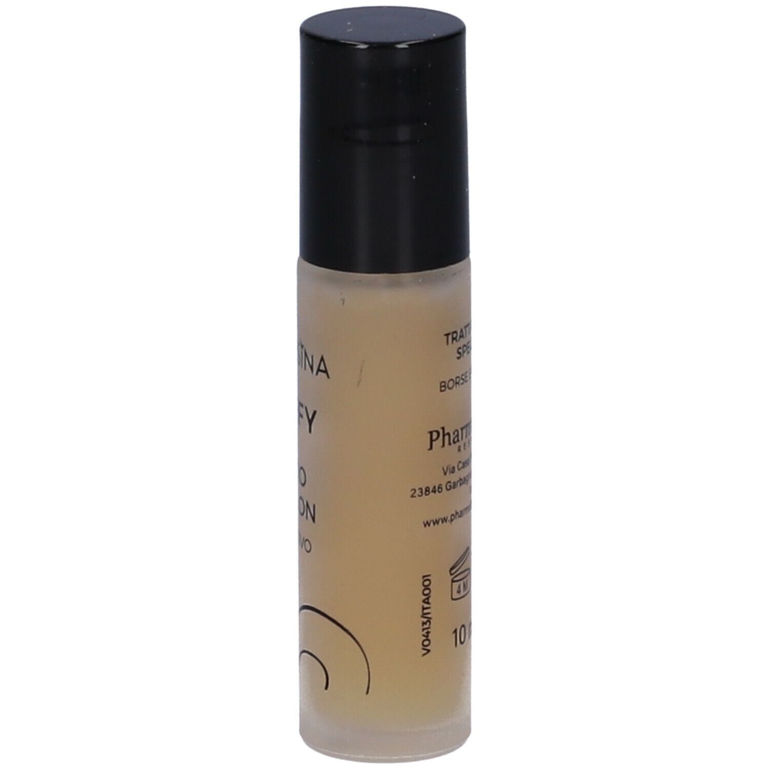 Roll-on-Serum mit schwarzem Deckel. Aufschrift: Behandlung für Augenringe und Tränensäcke. 10 ml. Rückseite mit Text.
