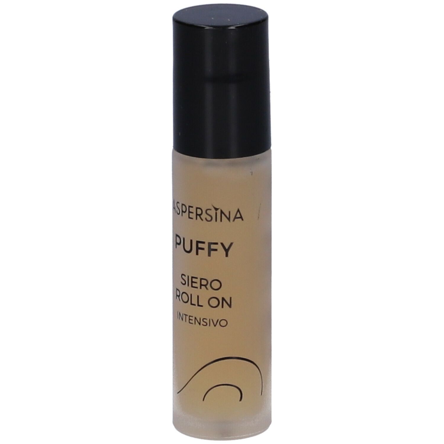 Roll-on-Serum mit schwarzem Deckel. Aufschrift: Aspersina Puffy, Siero Roll On Intensivo. Untere Hälfte transparent.