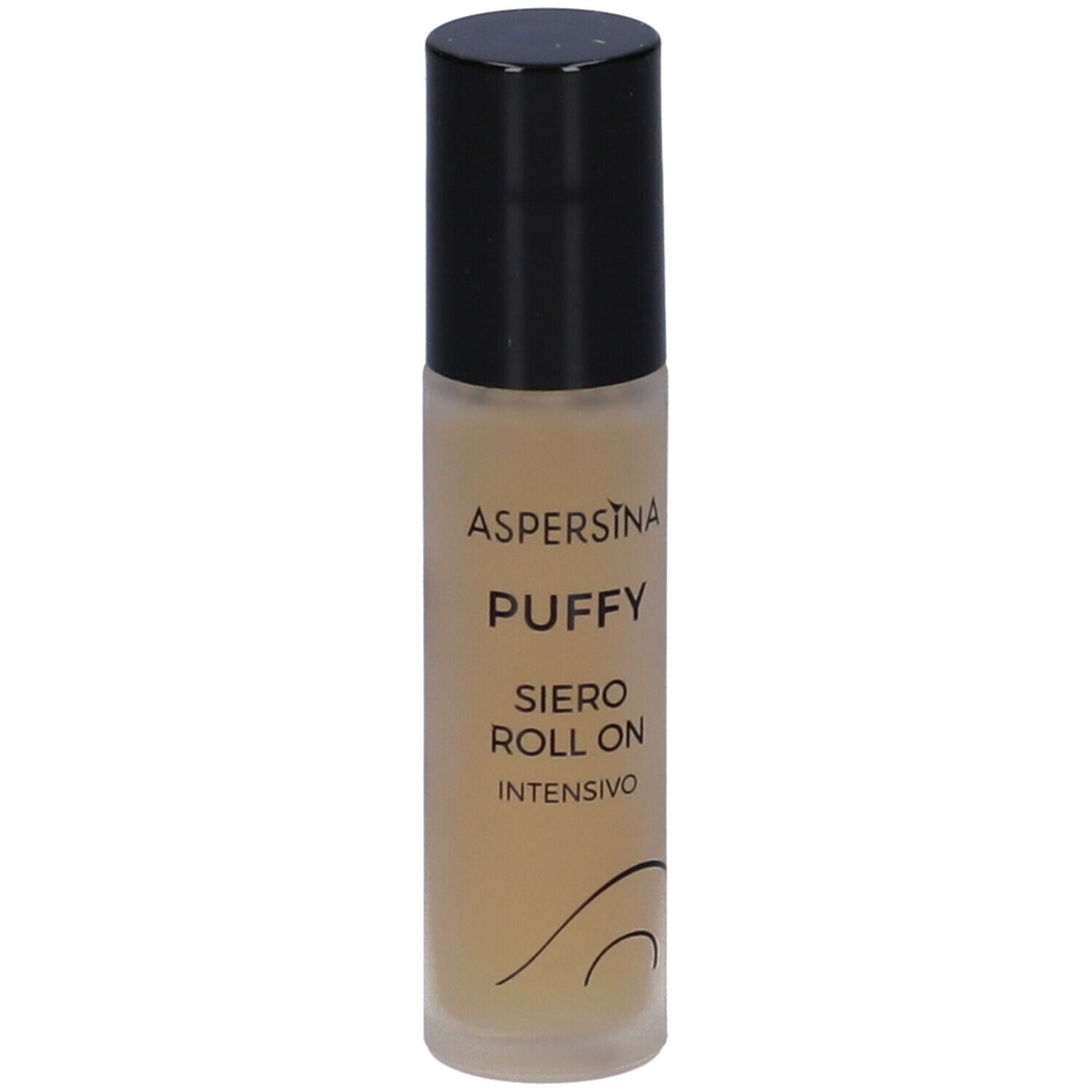 Roll-on-Serum mit schwarzem Deckel. Aufschrift: Aspersina Puffy, Siero Roll On Intensivo. Untere Hälfte transparent.