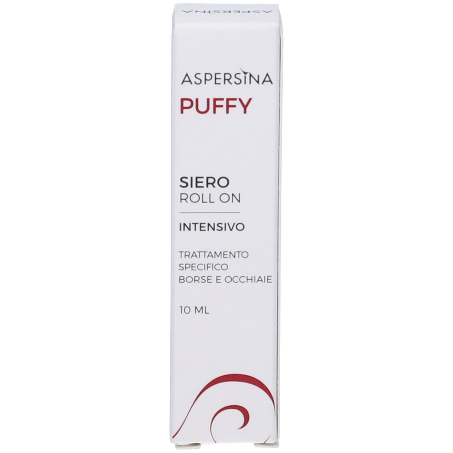 Verpackung: Aspersina Puffy, Siero Roll On Intensivo. Behandlung für Augenringe und Tränensäcke. 10 ml. Weiß mit rot.
