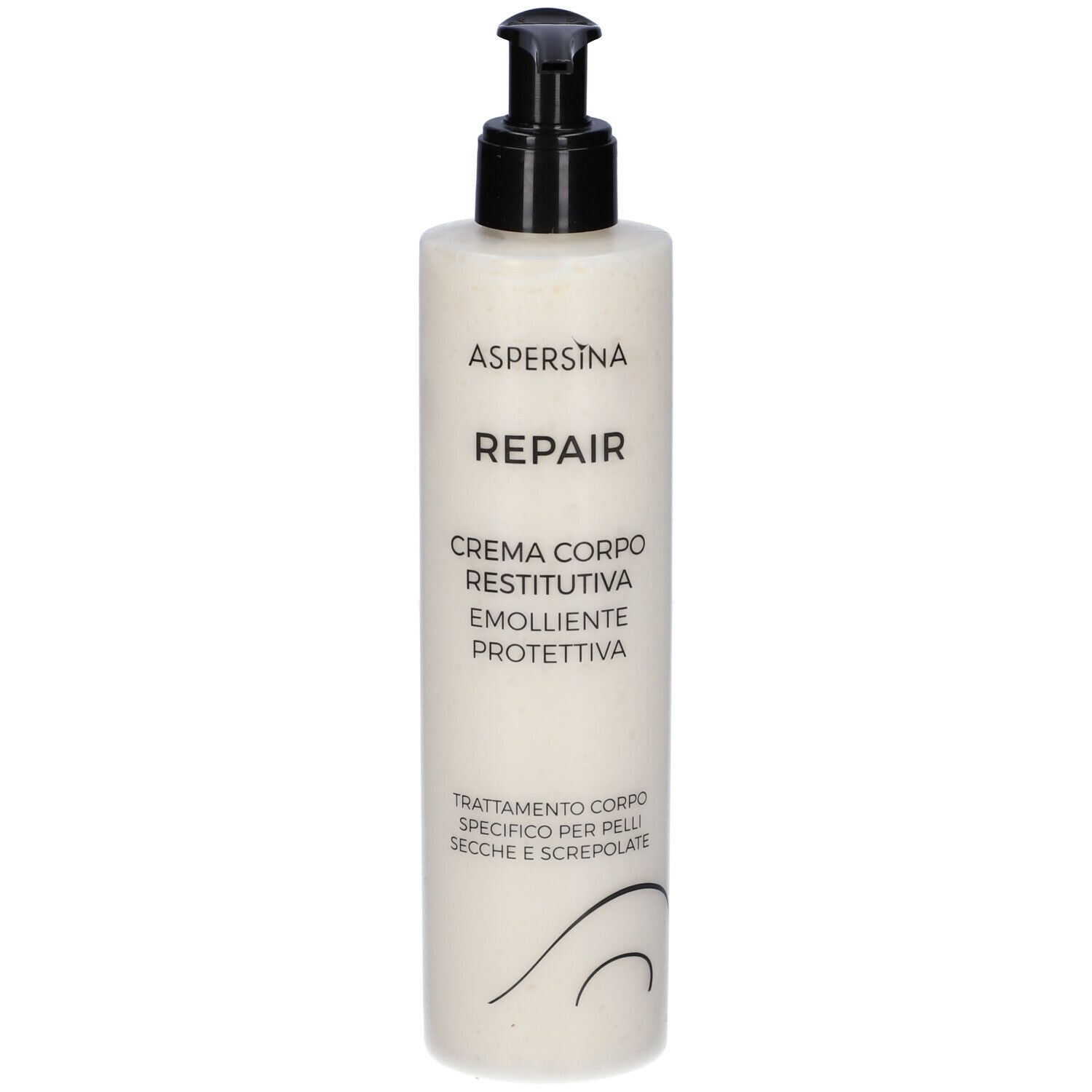 Flacone di crema corpo con dosatore nero. Scritta: Aspersina Repair, Creme Corpo, Restitutiva, Emolliente, Protettiva.
